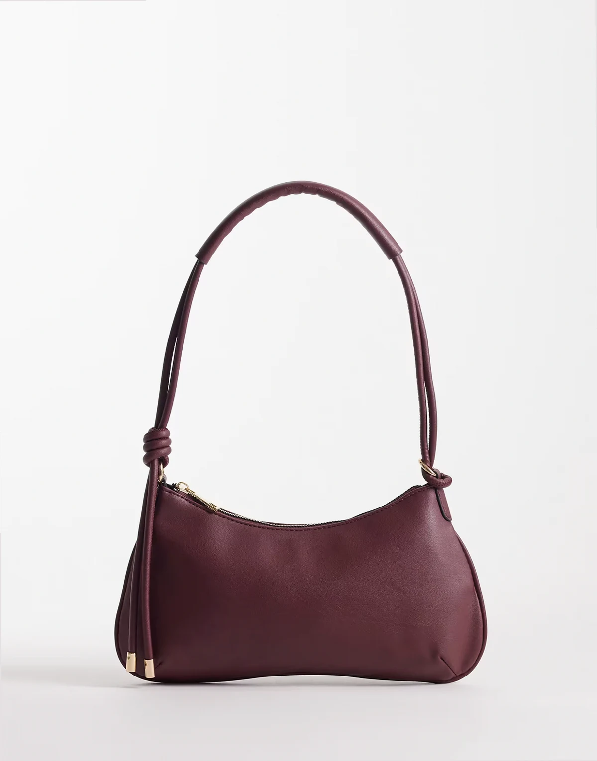 – Bordowa torebka na ramię z wąskim paskiem z ozdobnym węzłem