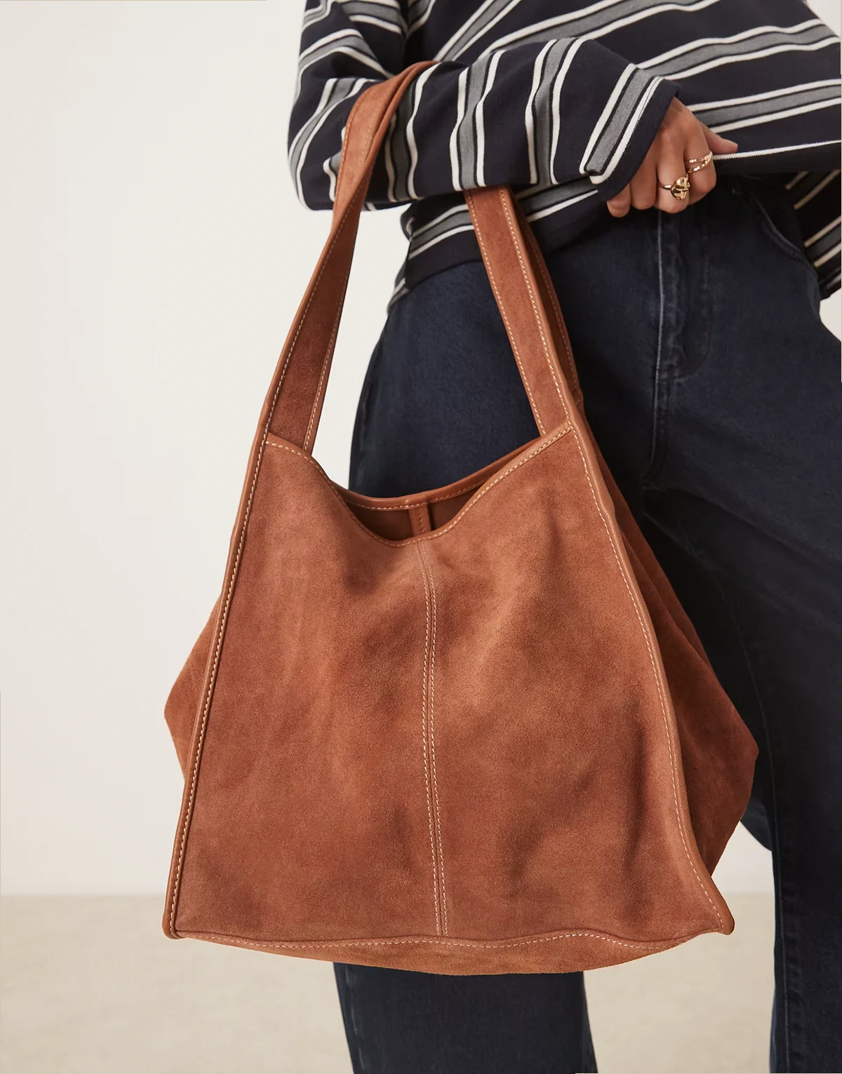laurel suede tote bag with contrast stitch in brown