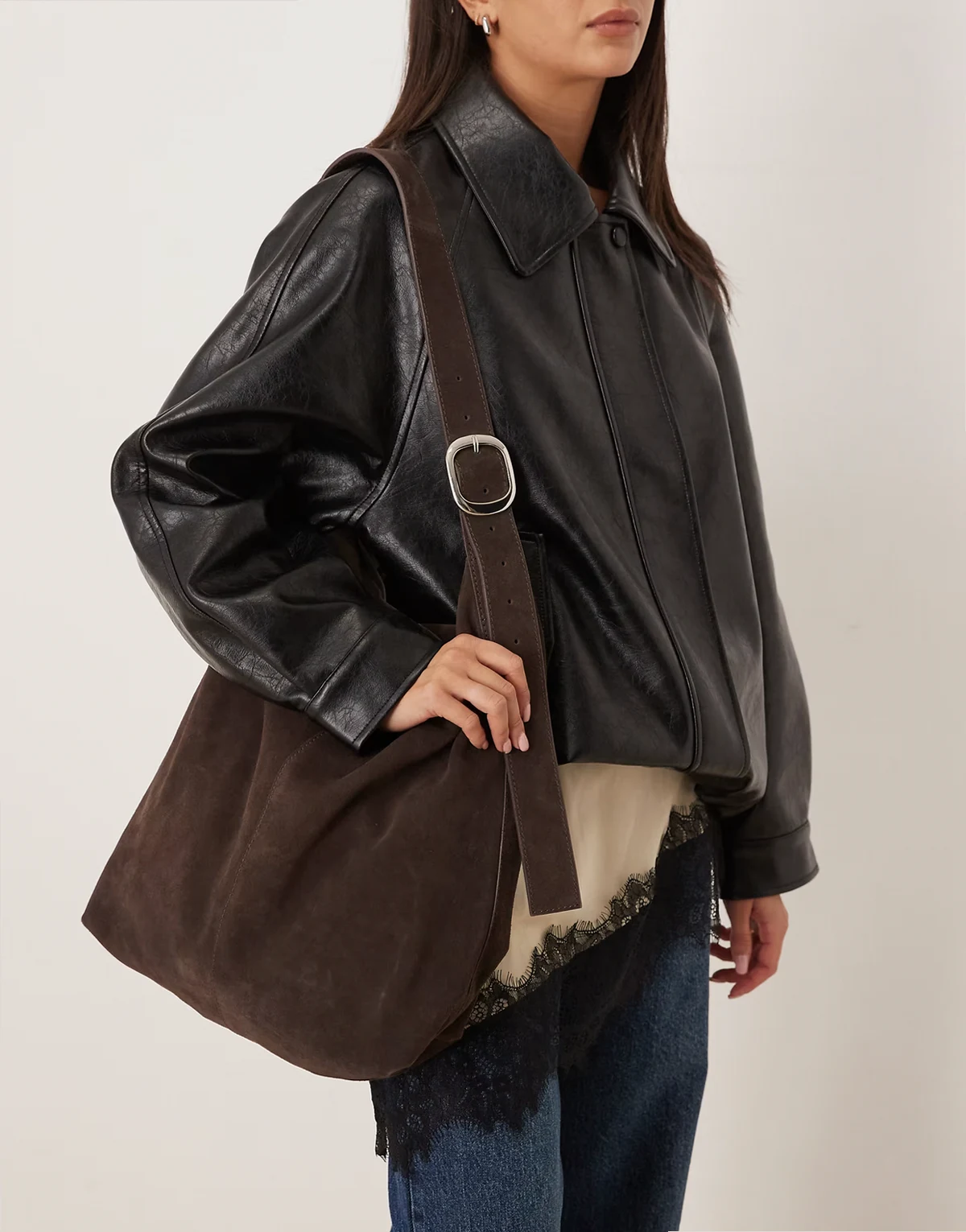mae suede buckle tote bag in dark brown