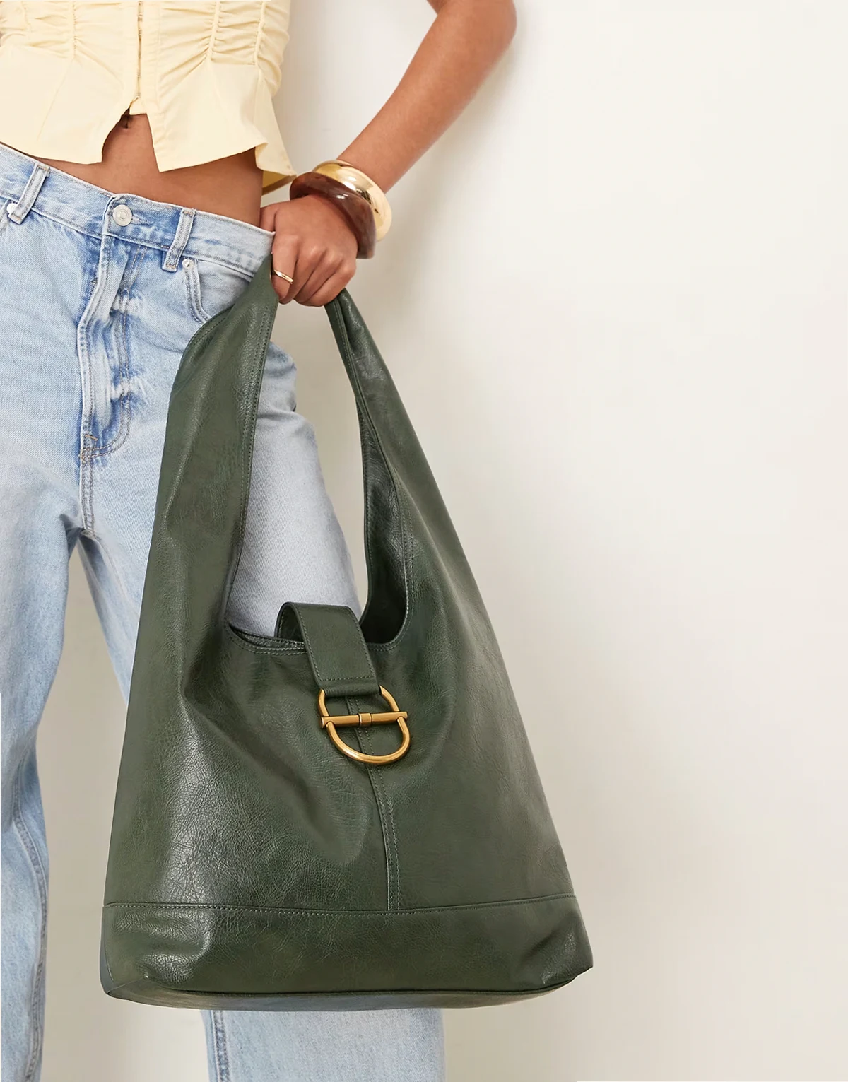 metal hardware tote bag in dark green