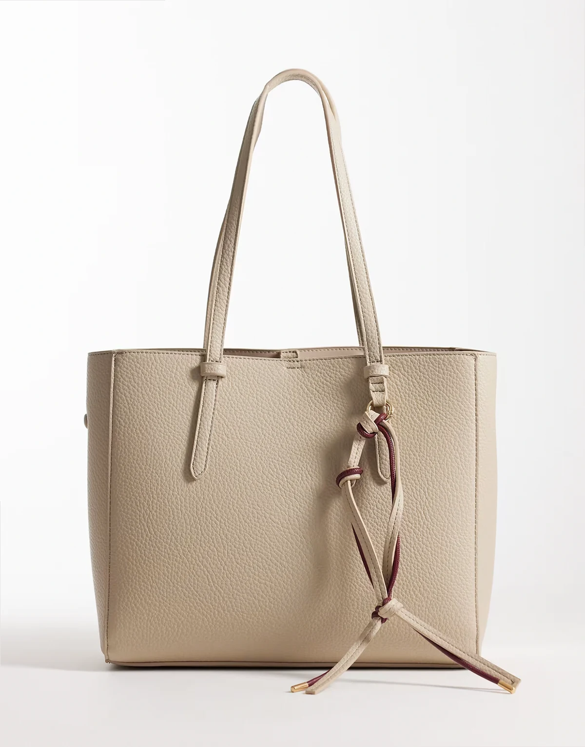 – Szarobeżowa fakturowana torba typu tote z przegródkami i odpinaną zawieszką