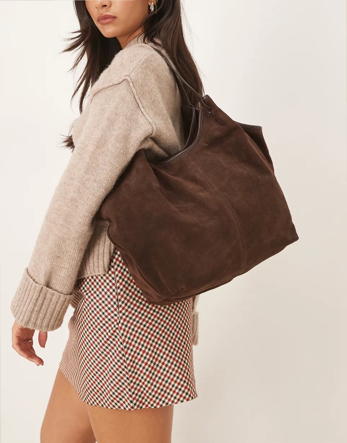suede pinched handle scoop tote bag in coffee brown