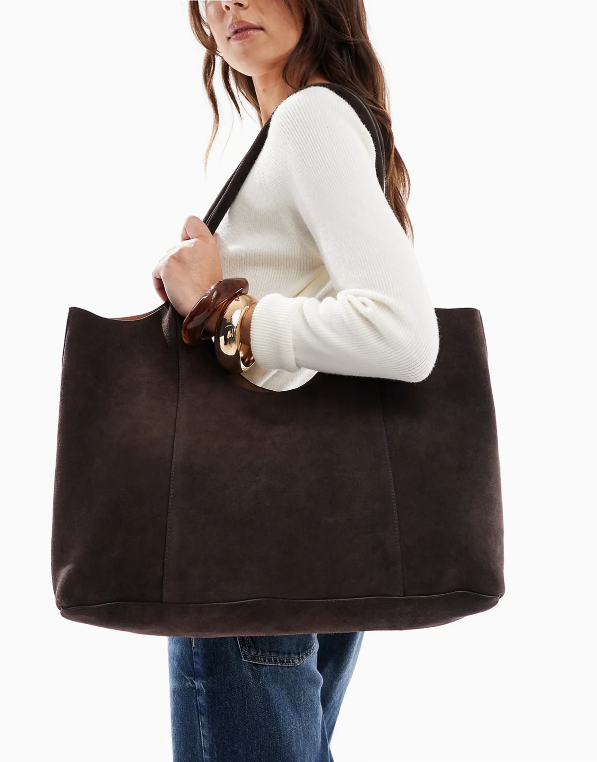 premium suede bonded scoop tote bag in chocolate