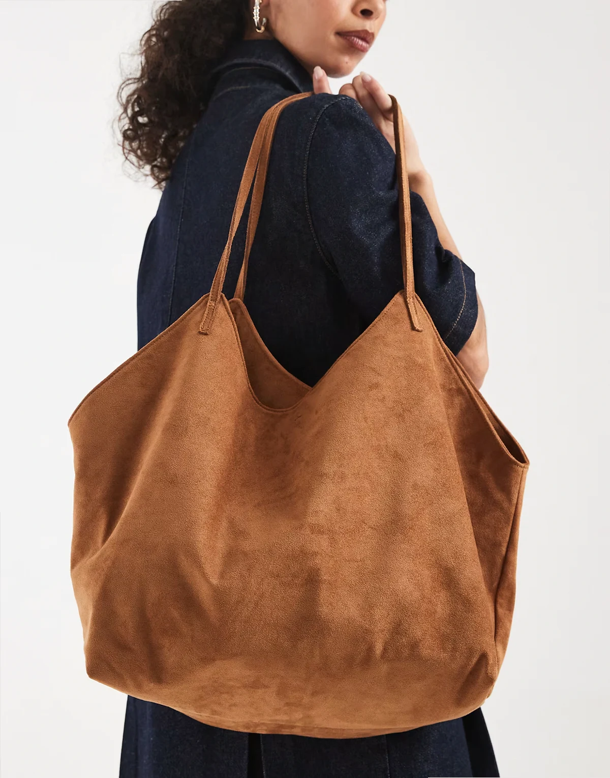 faux suede twin strap V-detail tote bag in tan