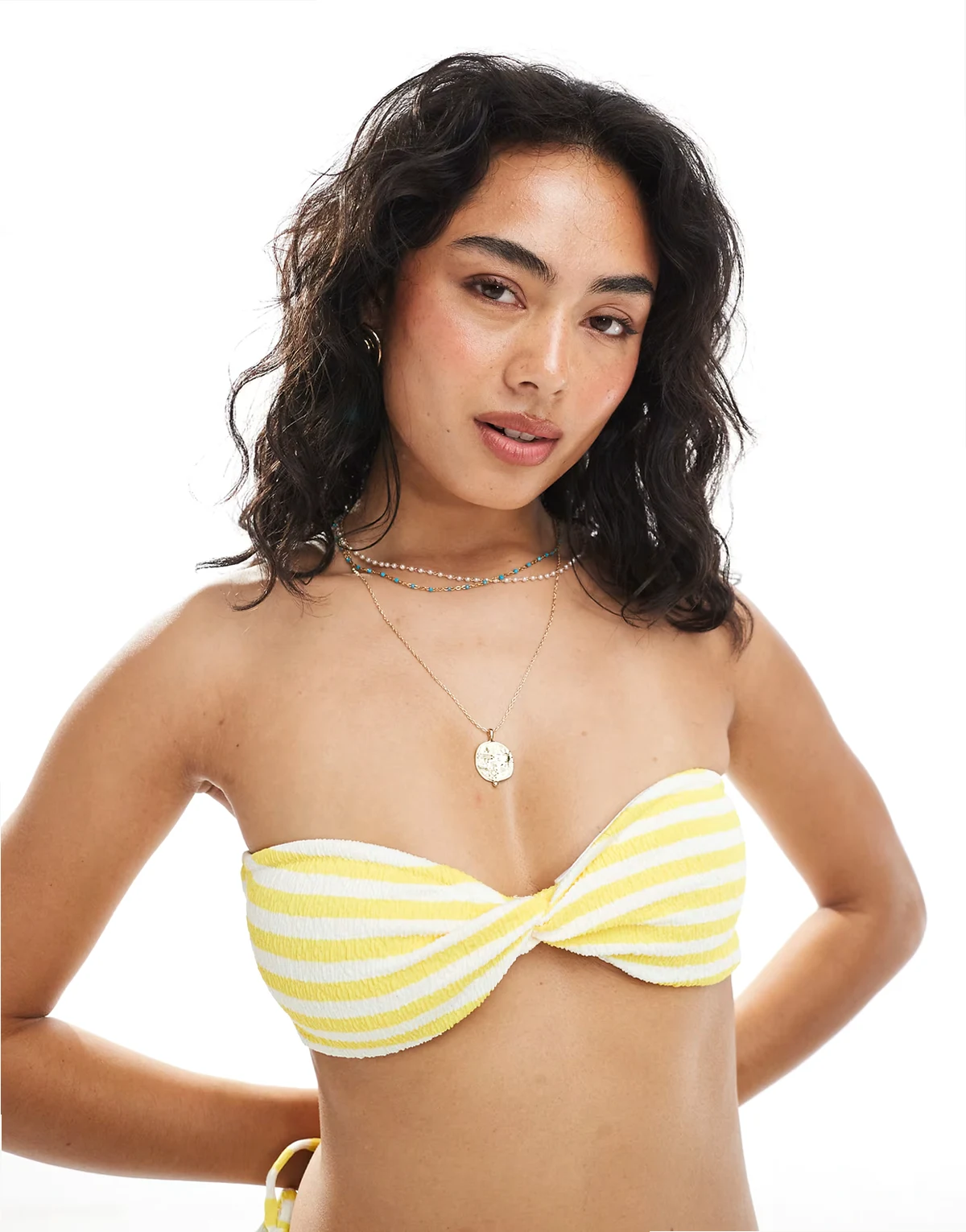 textured stripe twist bandeau bikini top in yellow