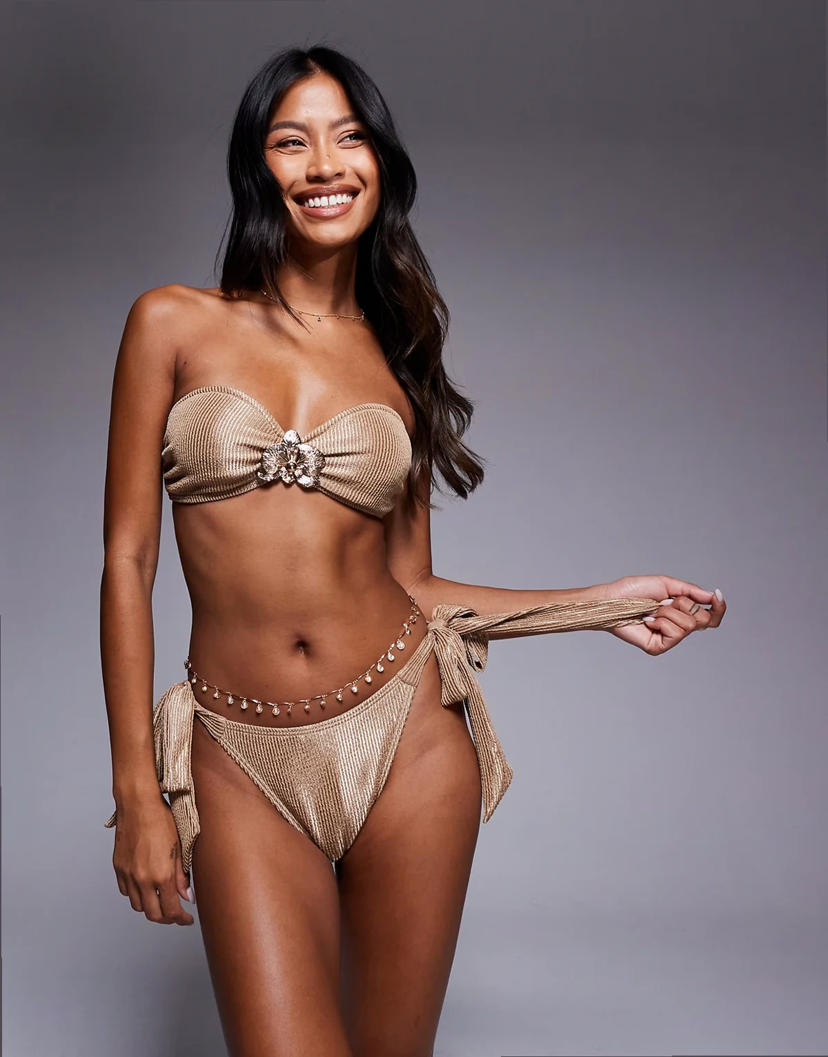 crinkle bandeau bikini top with gold flower detail in caramel