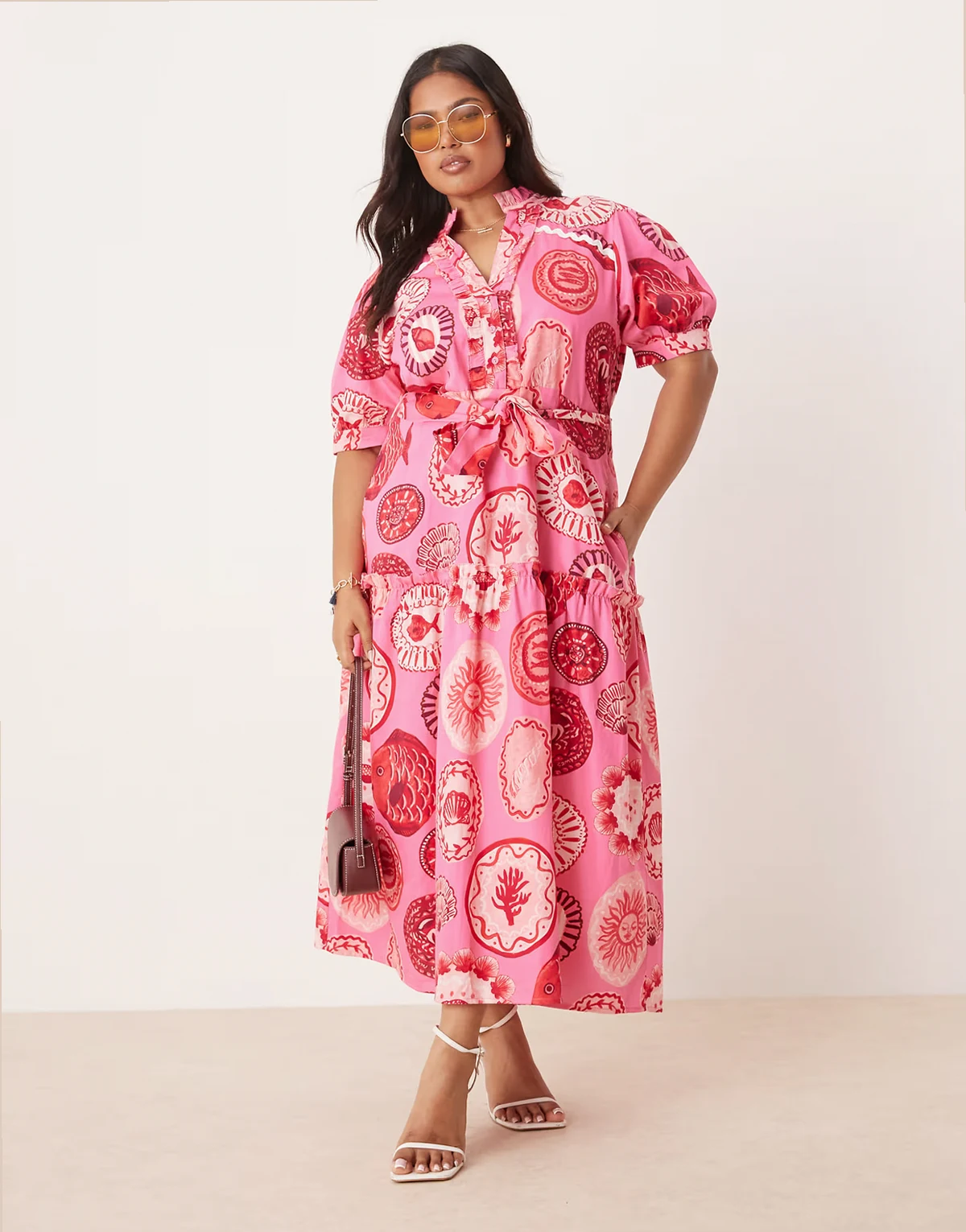 puff sleeve midi shirt dress in pink beach print