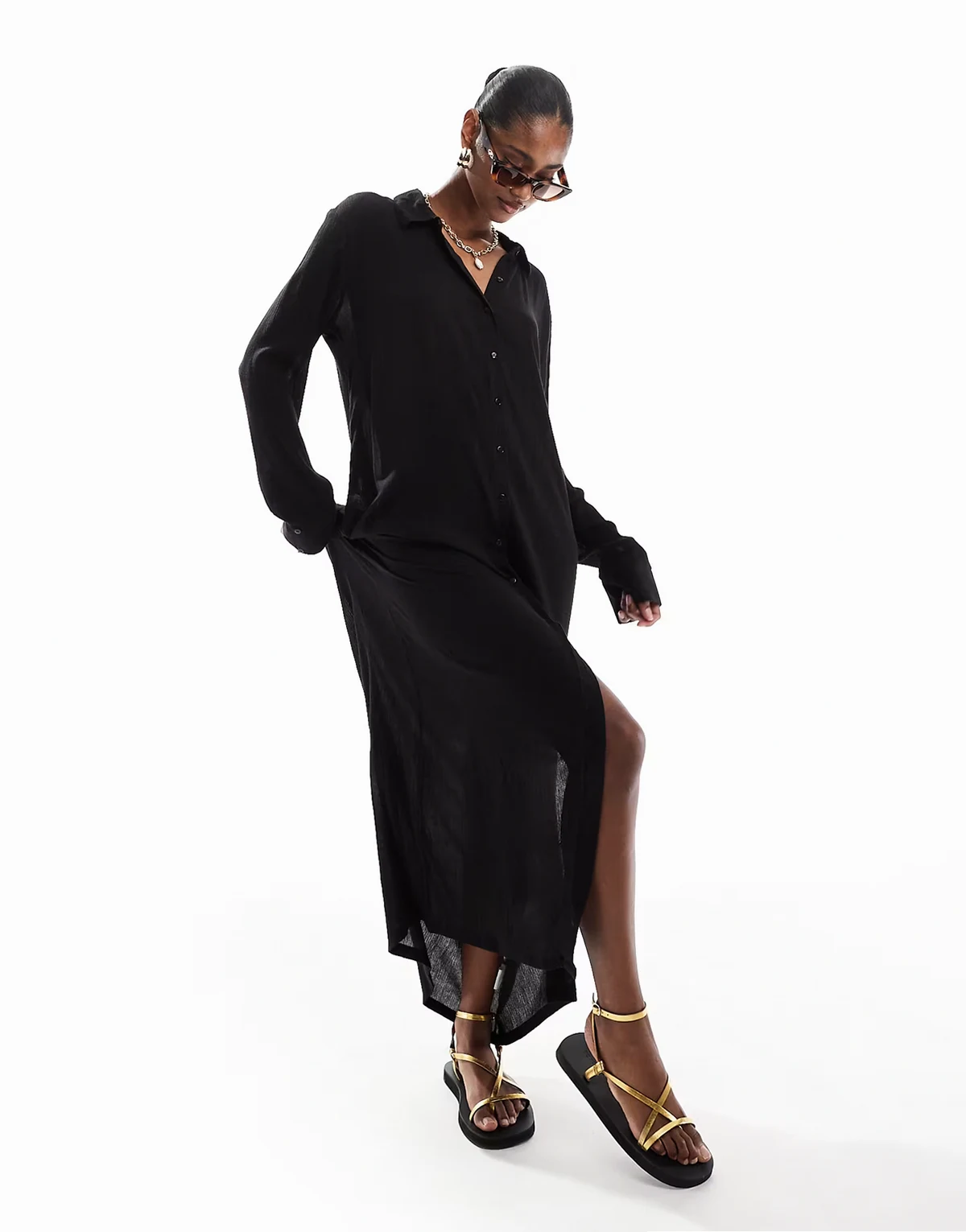 – Exclusive – Sommerliches Maxi-Strandhemdkleid in Schwarz