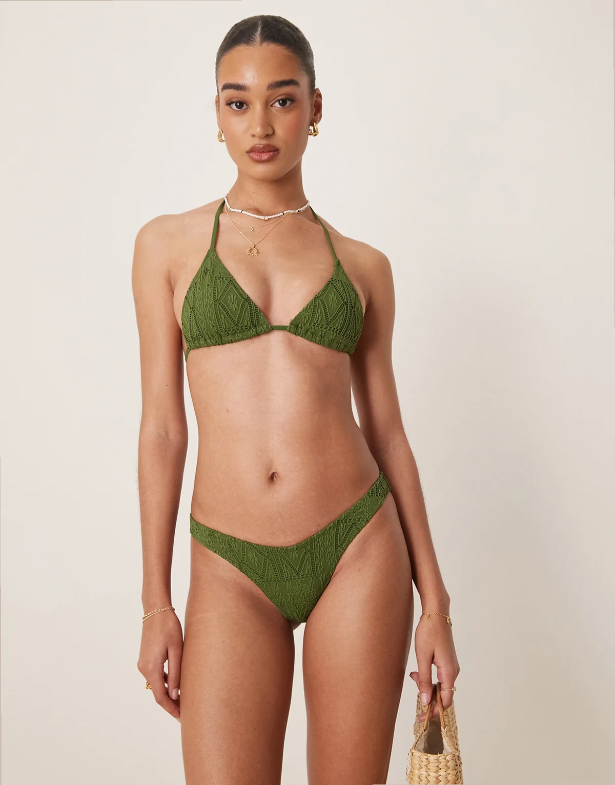 Bertie broderie high leg bikini bottom in olive green