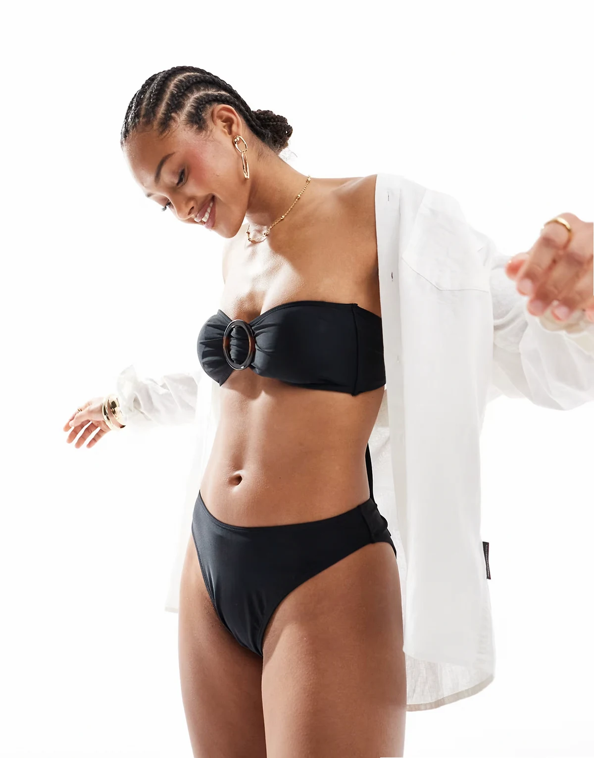 bandeau tortoise shell buckle tie back bikini top in black - part of a set