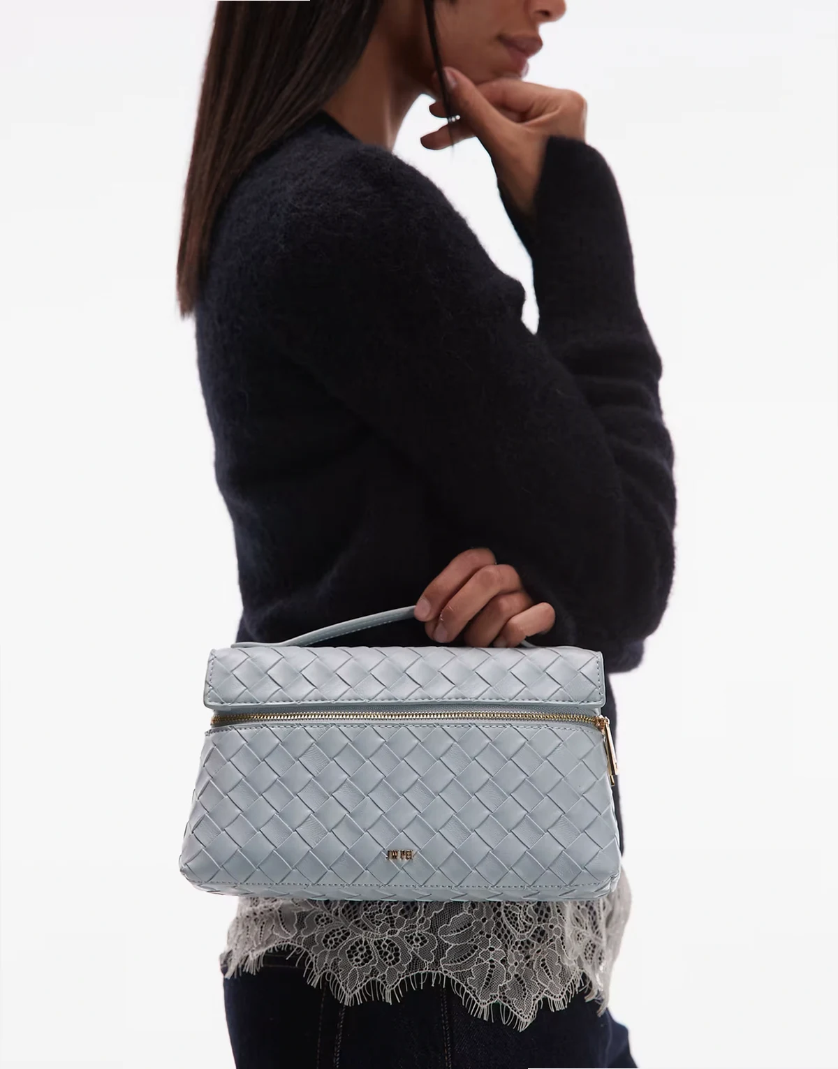 JW – Thea – Tasche in Eisblau mit Webstruktur und Tragegriff oben