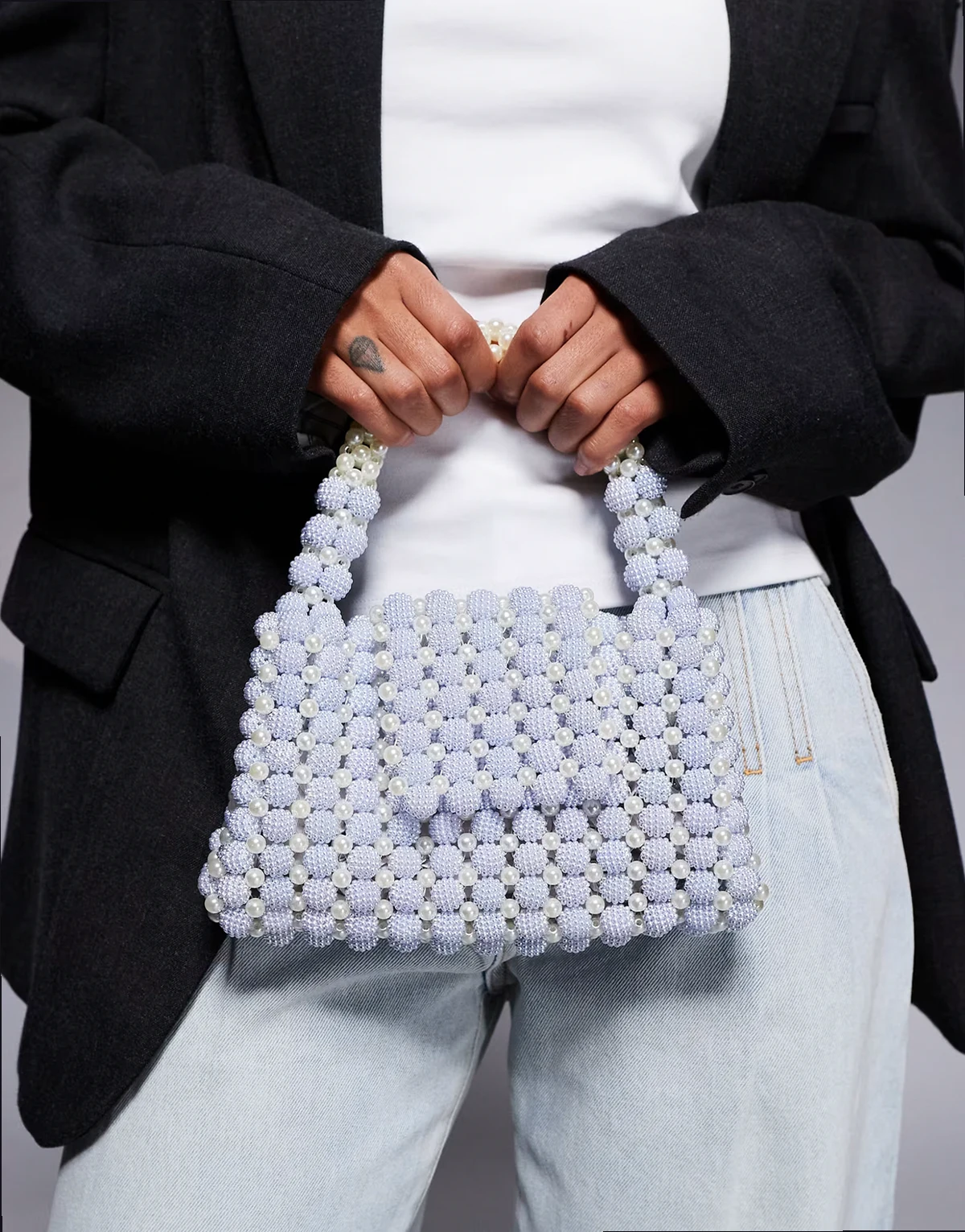 beaded faux pearl clutch purse in light blue