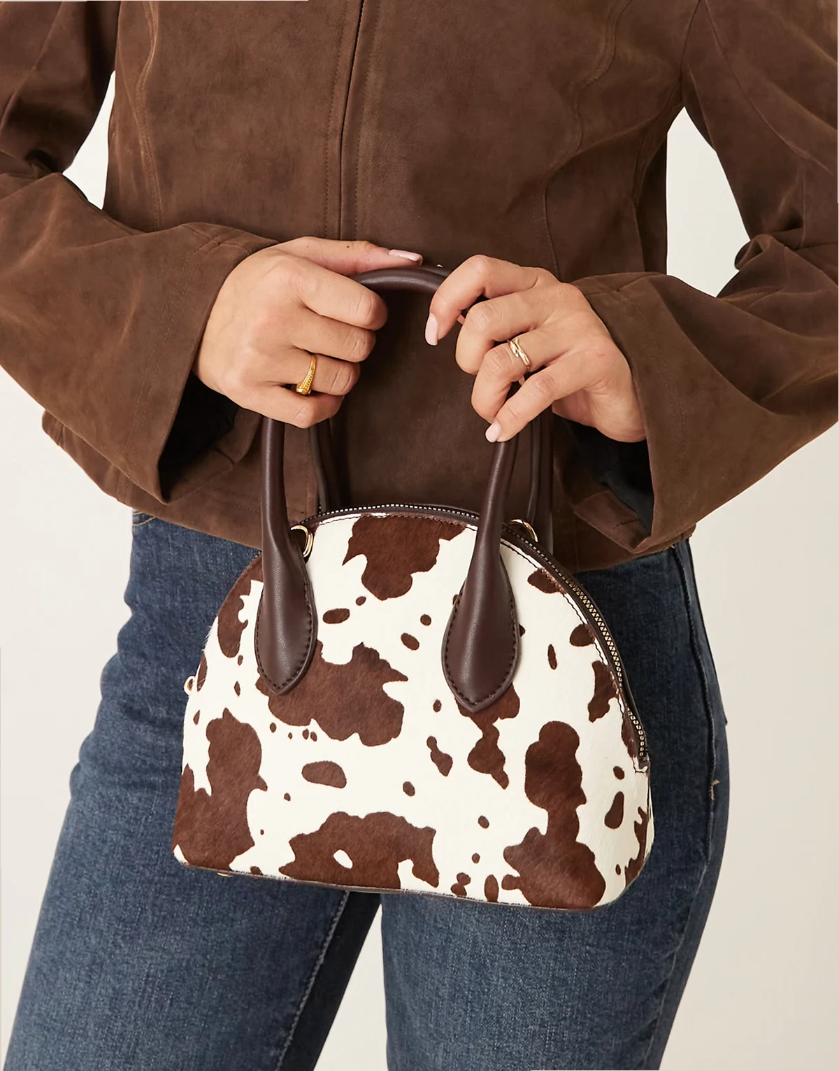 hair on real leather with cow print grab bowler bag with detachable crossbody strap