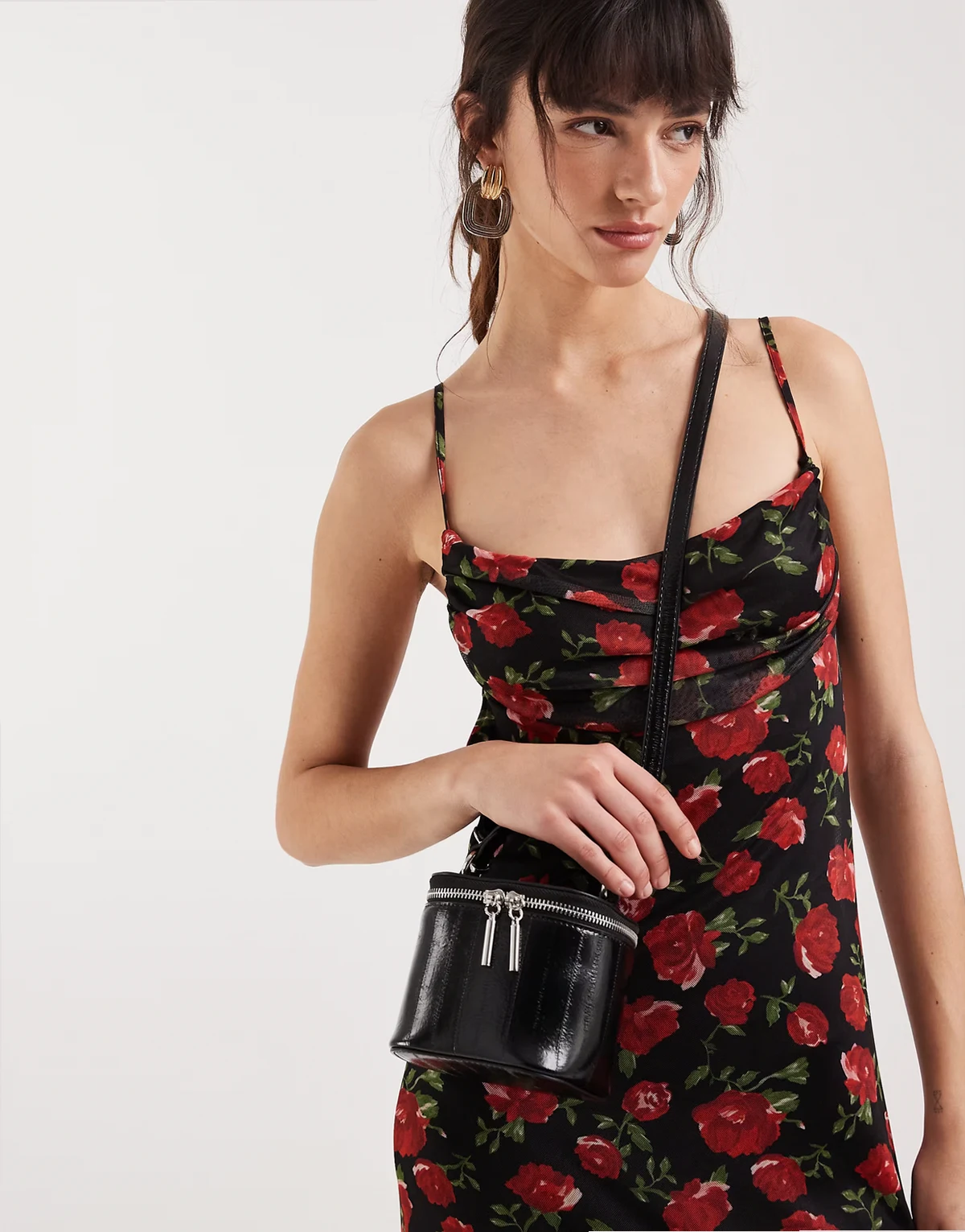 structured vanity cross body bag with adjustable strap in black croc