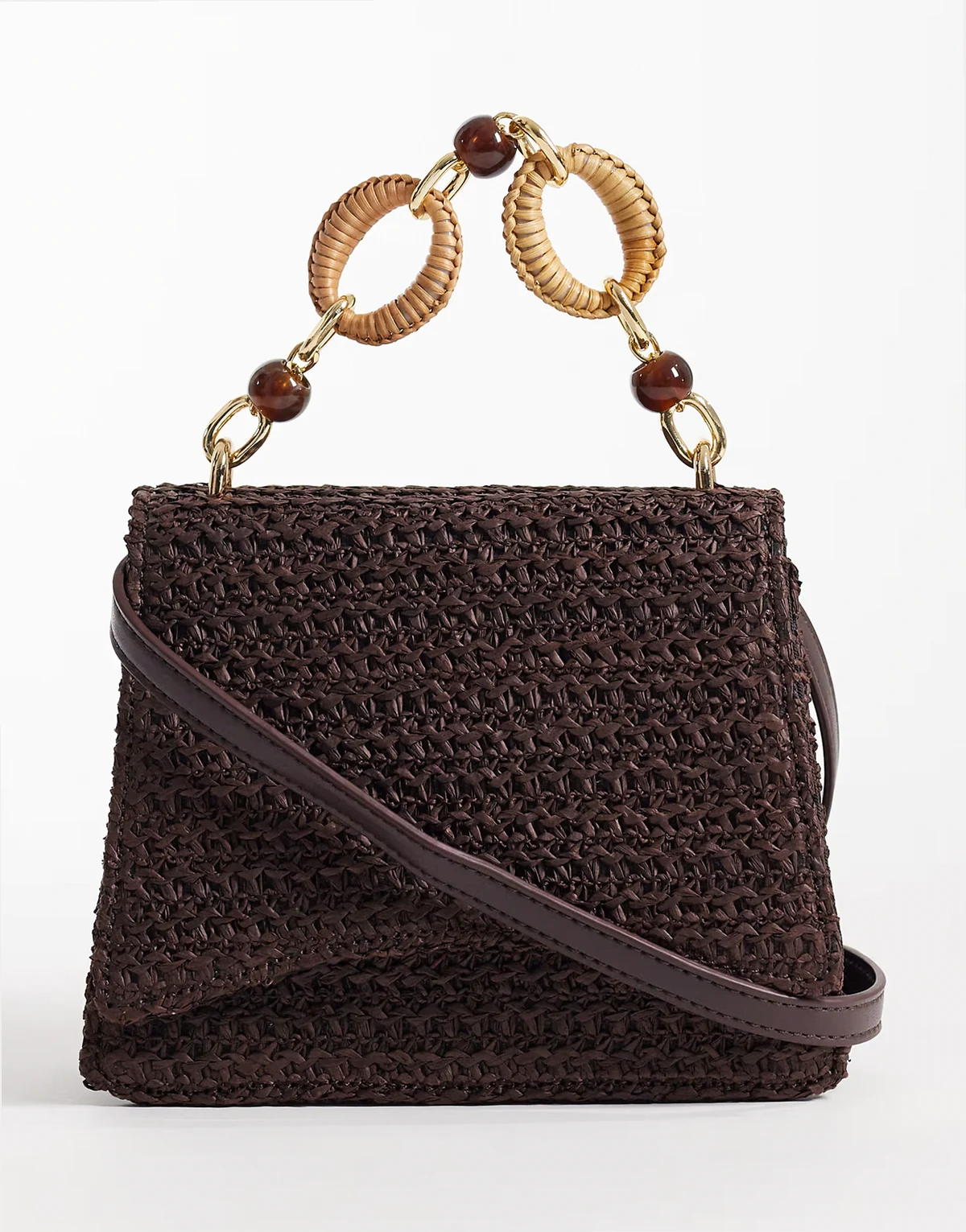 – Stroh-Umhängetasche in Schokobraun mit Kunstharz-Henkel und abnehmbarem Umhängeriemen