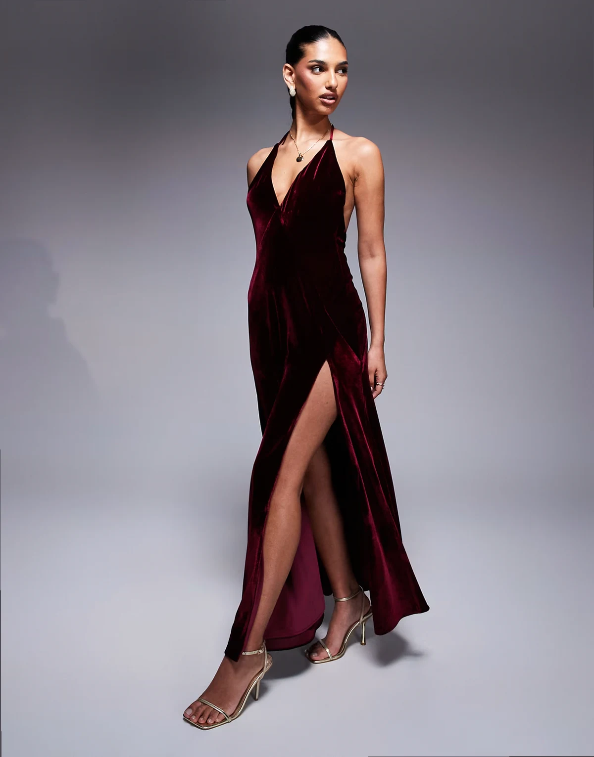 Yve velour halter dress in burgundy