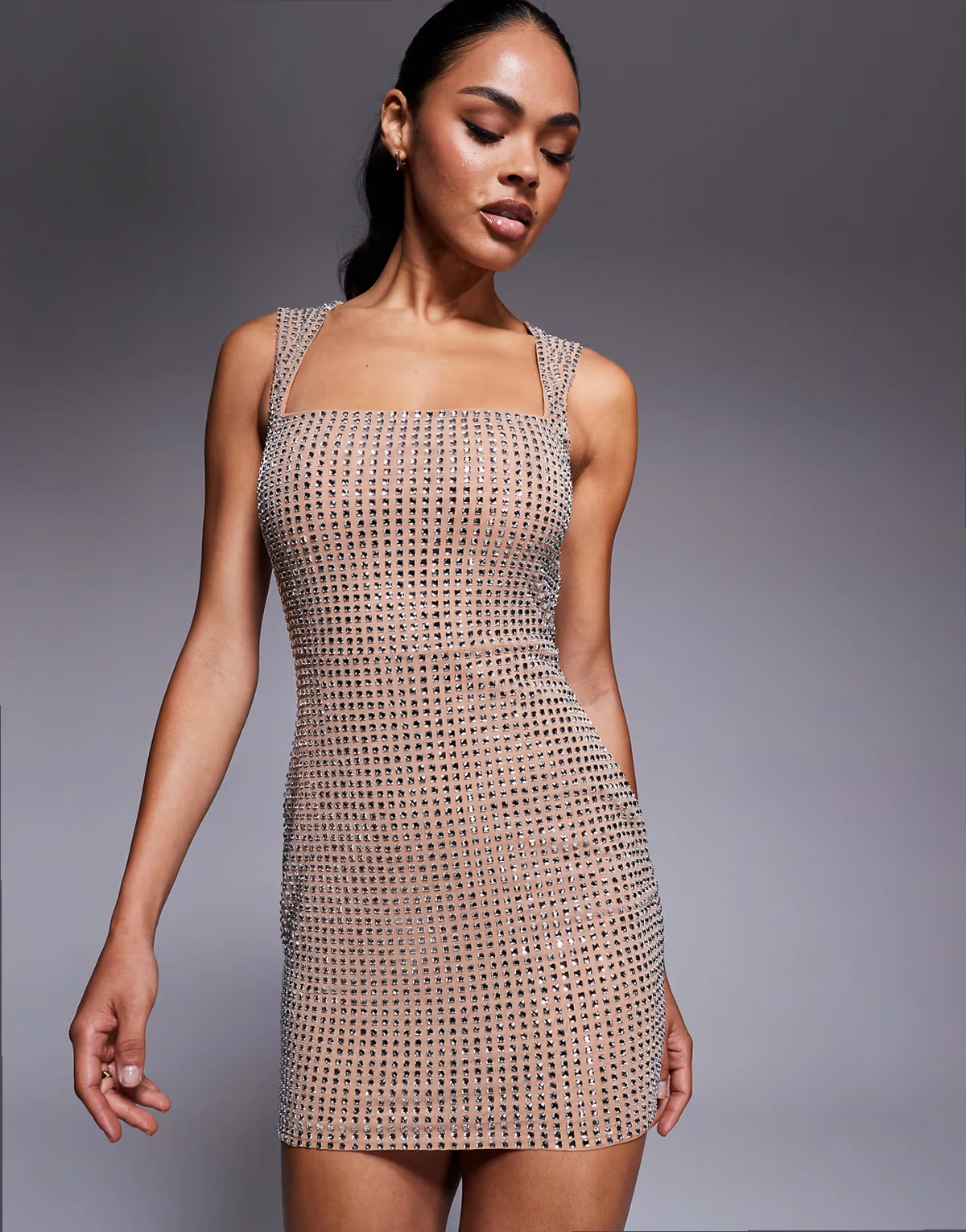 embellished square neck mini dress in beige diamante