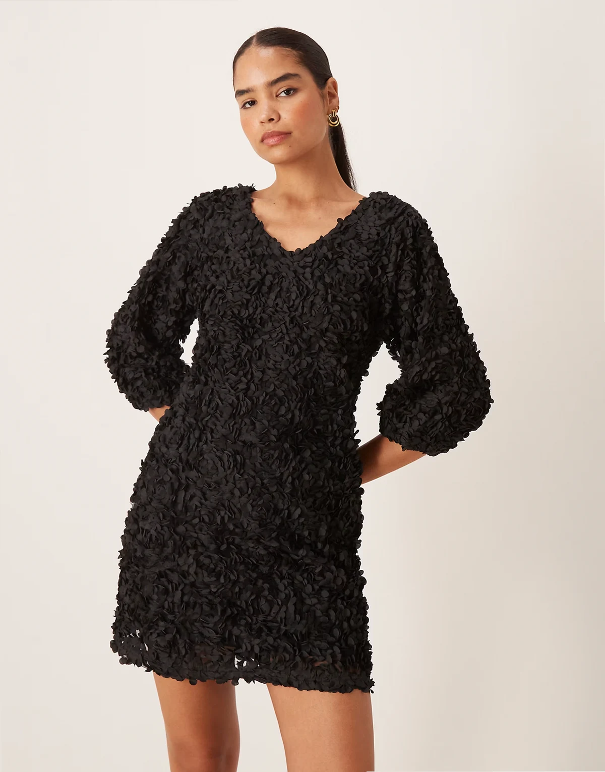 3D floral applique mini dress in black