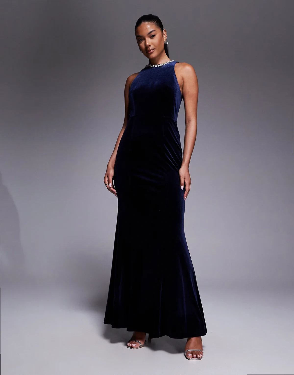 embellished high neck velvet maxi dress in navy
