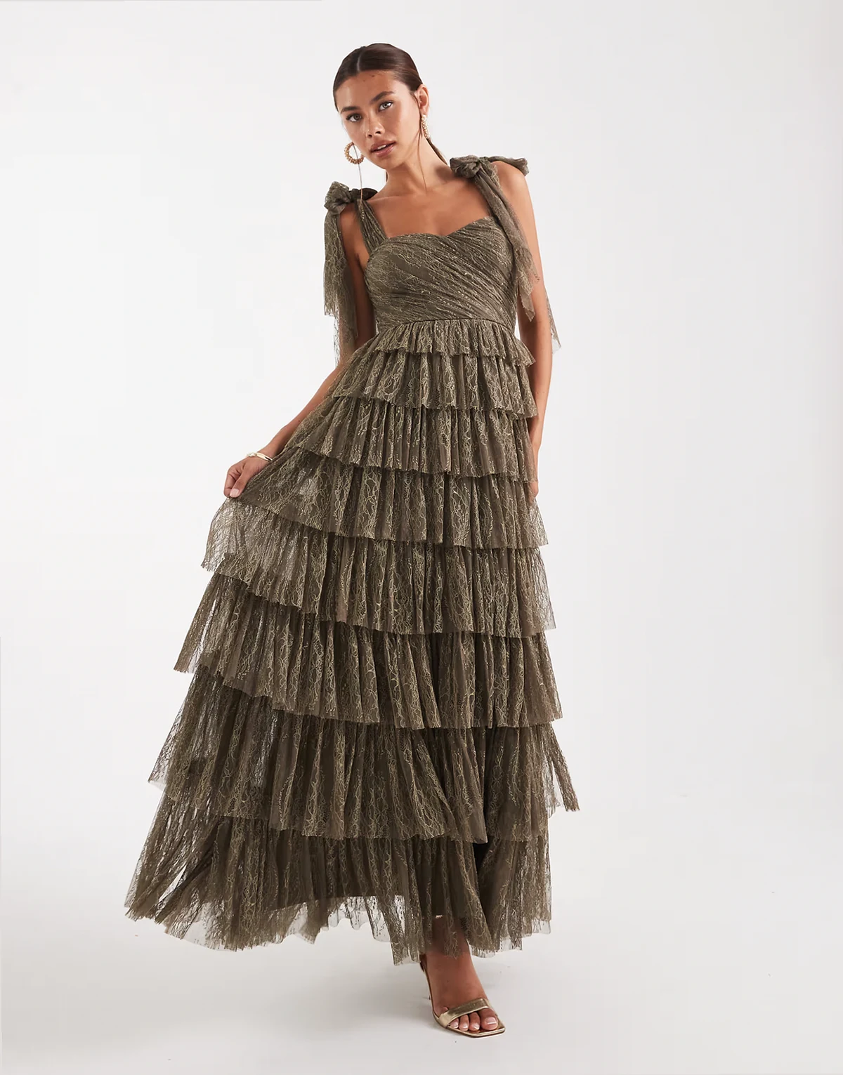 Bridesmaid lace bow shoulders tiered maxi dress in olive