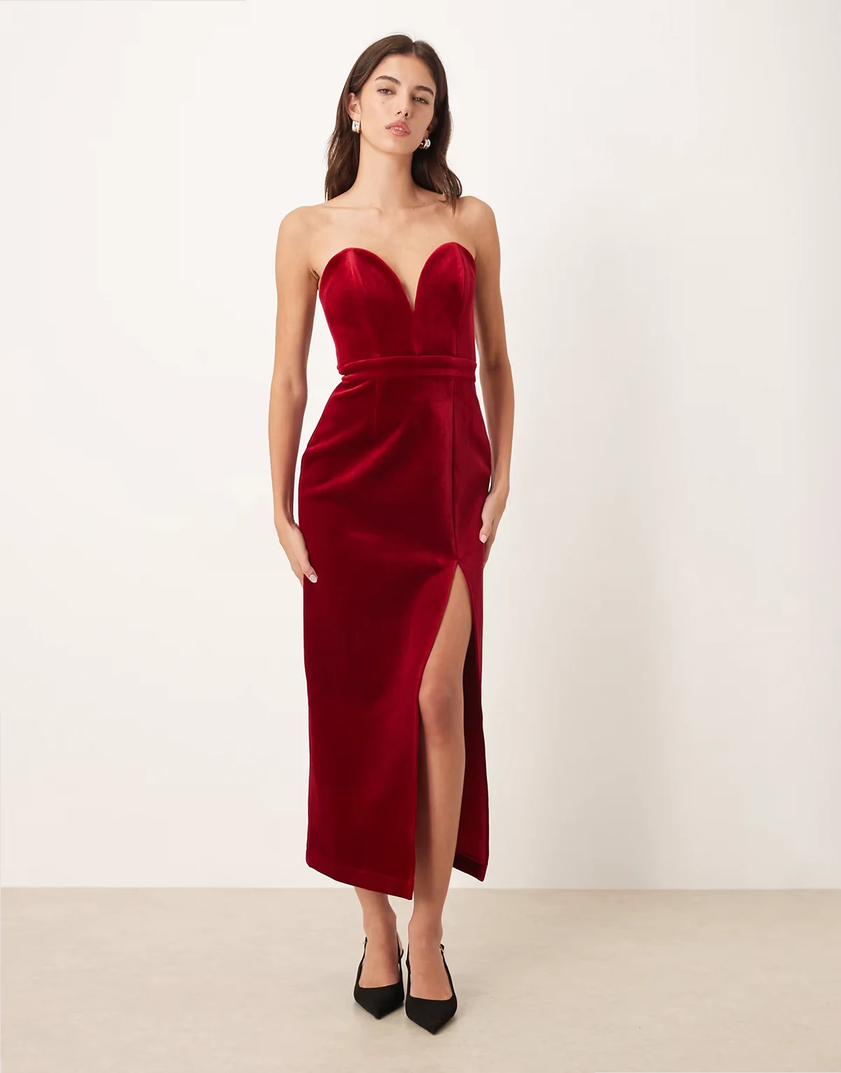 velvet plunge neck structured tube midi dress in red