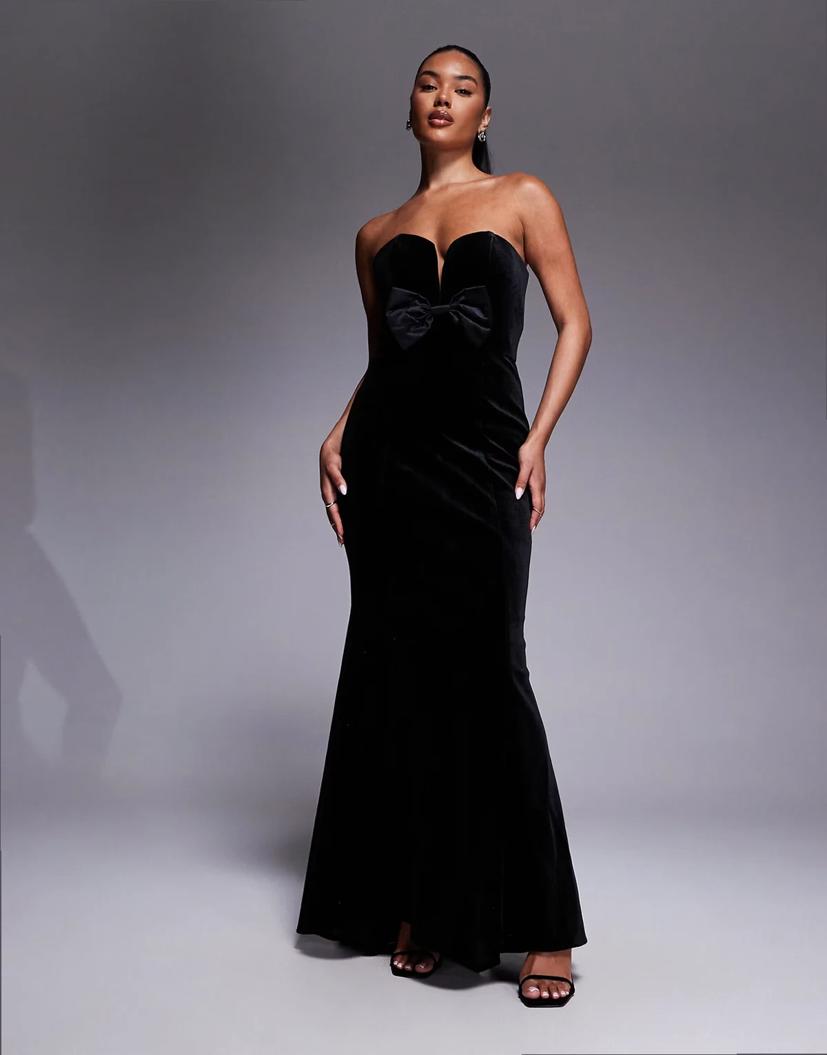 velvet bandeau maxi dress with bow front in black