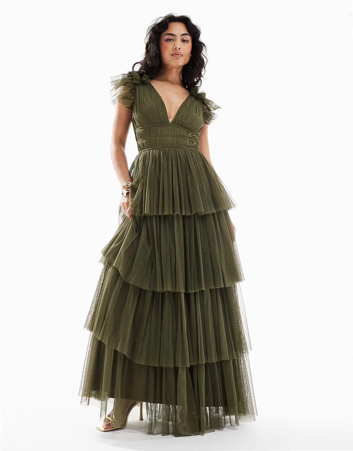 Bridesmaid ruffle tiered tulle maxi dress in deep olive