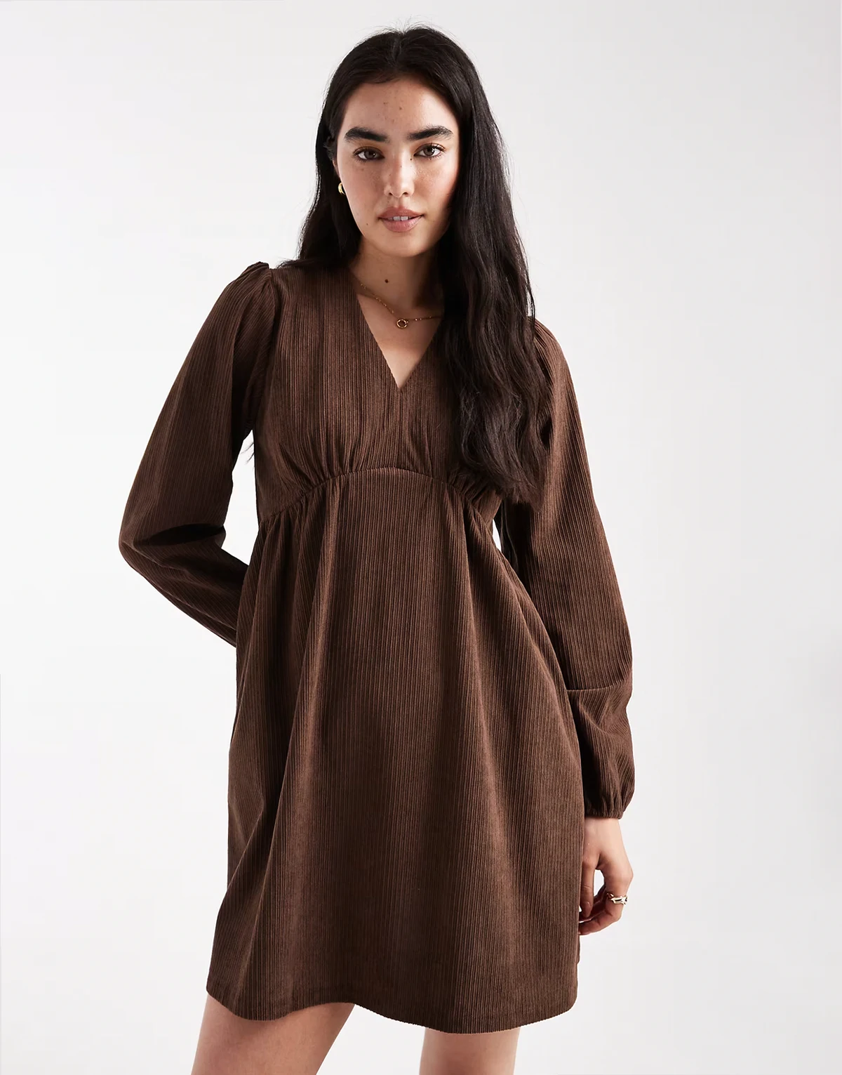 corduroy long sleeve mini dress in chocolate brown