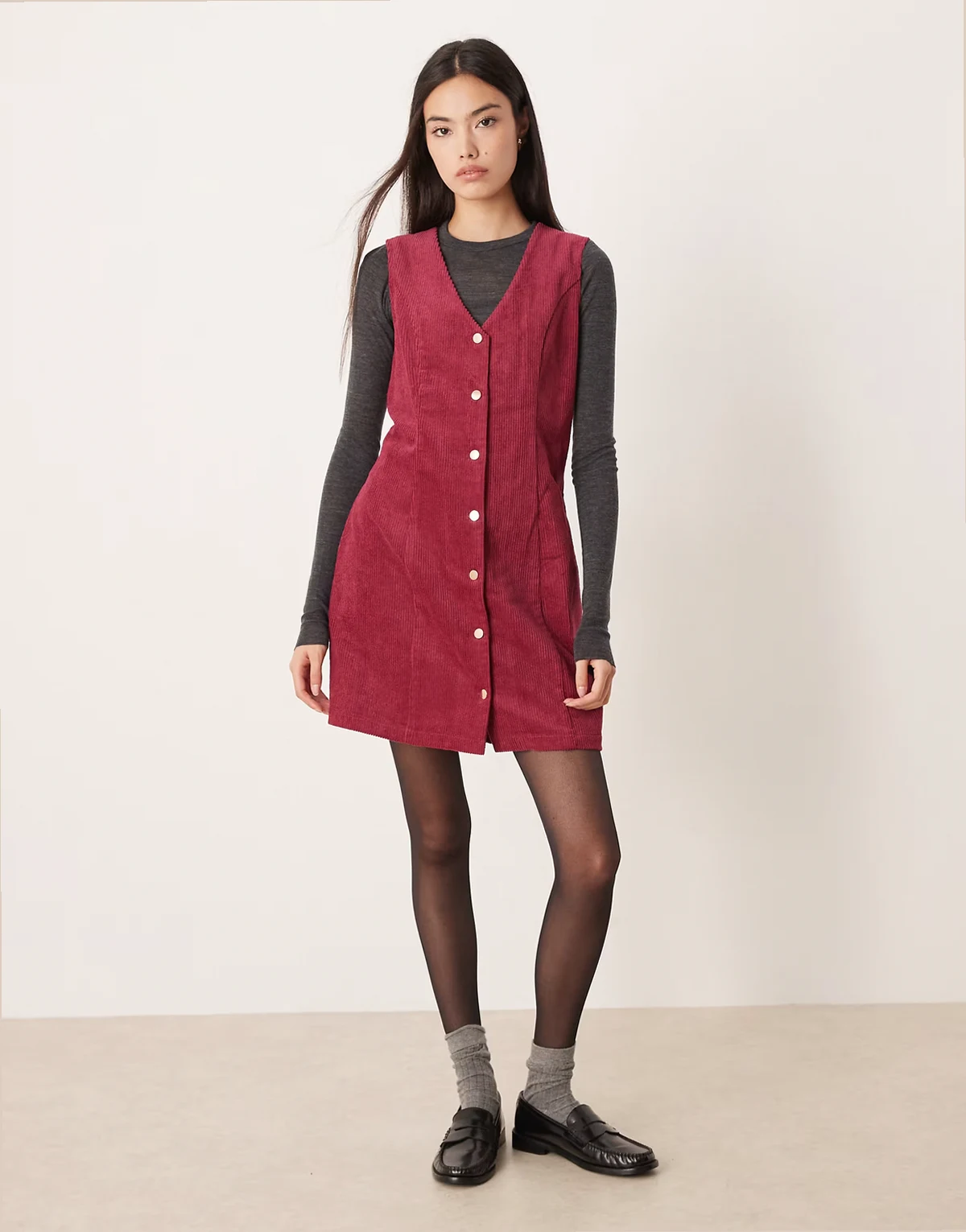 cord button front mini dress in raspberry
