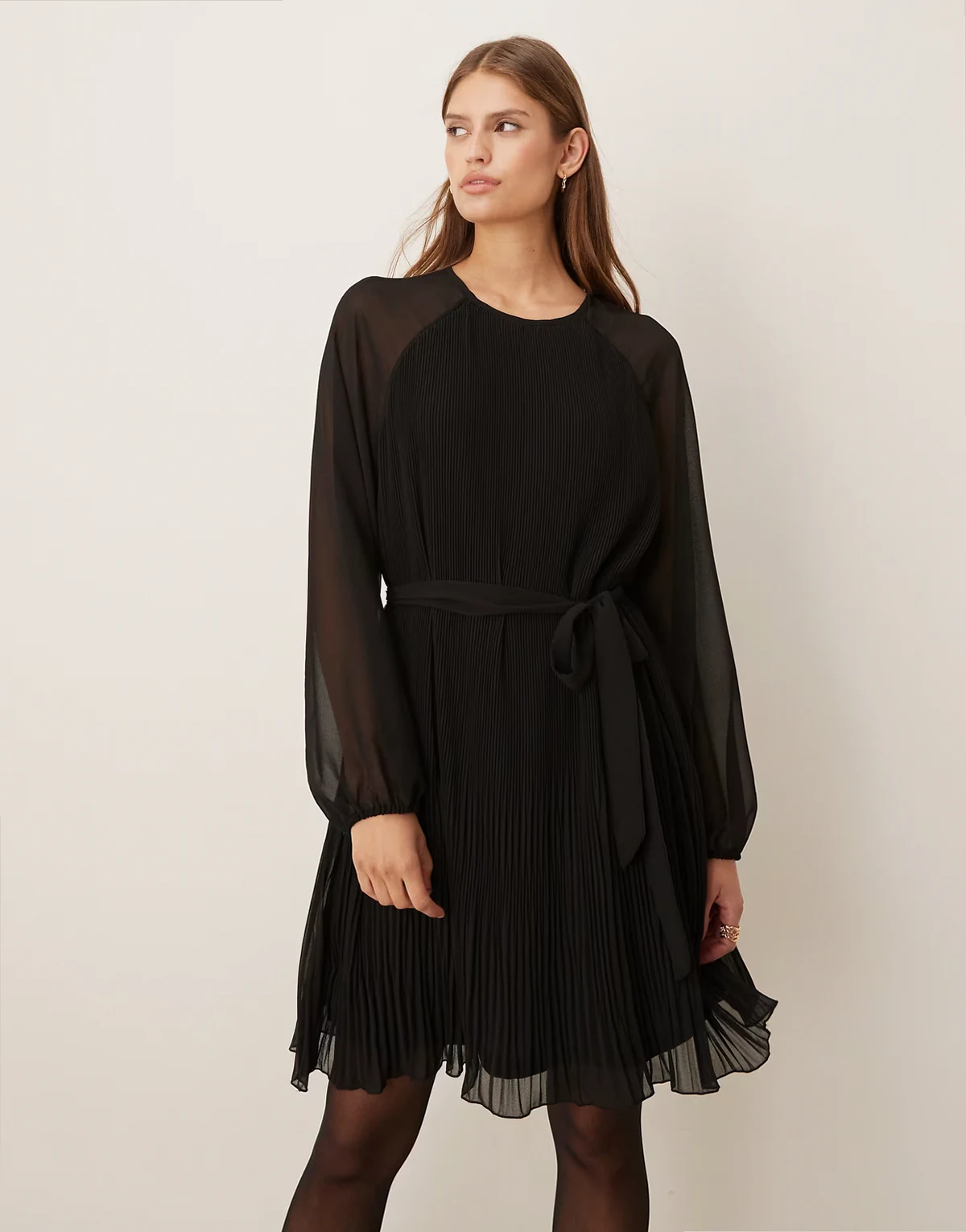 plisse tie front mini dress in black