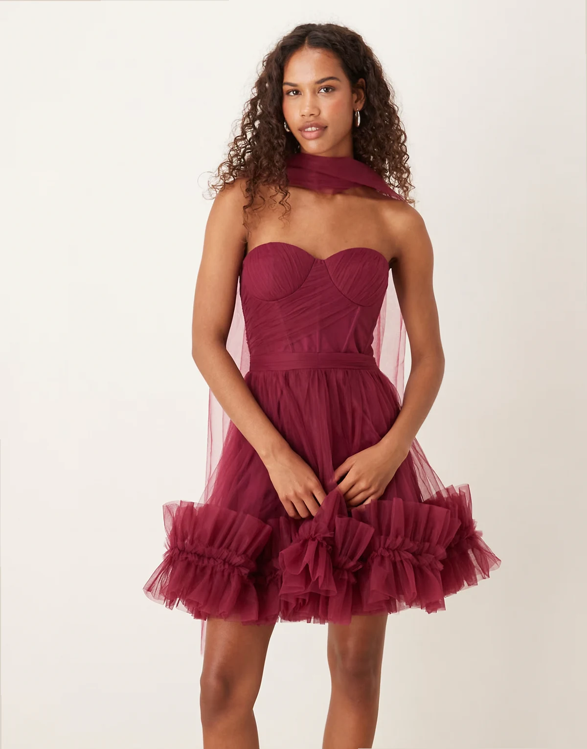 scarf neck corset tulle mini dress in fig