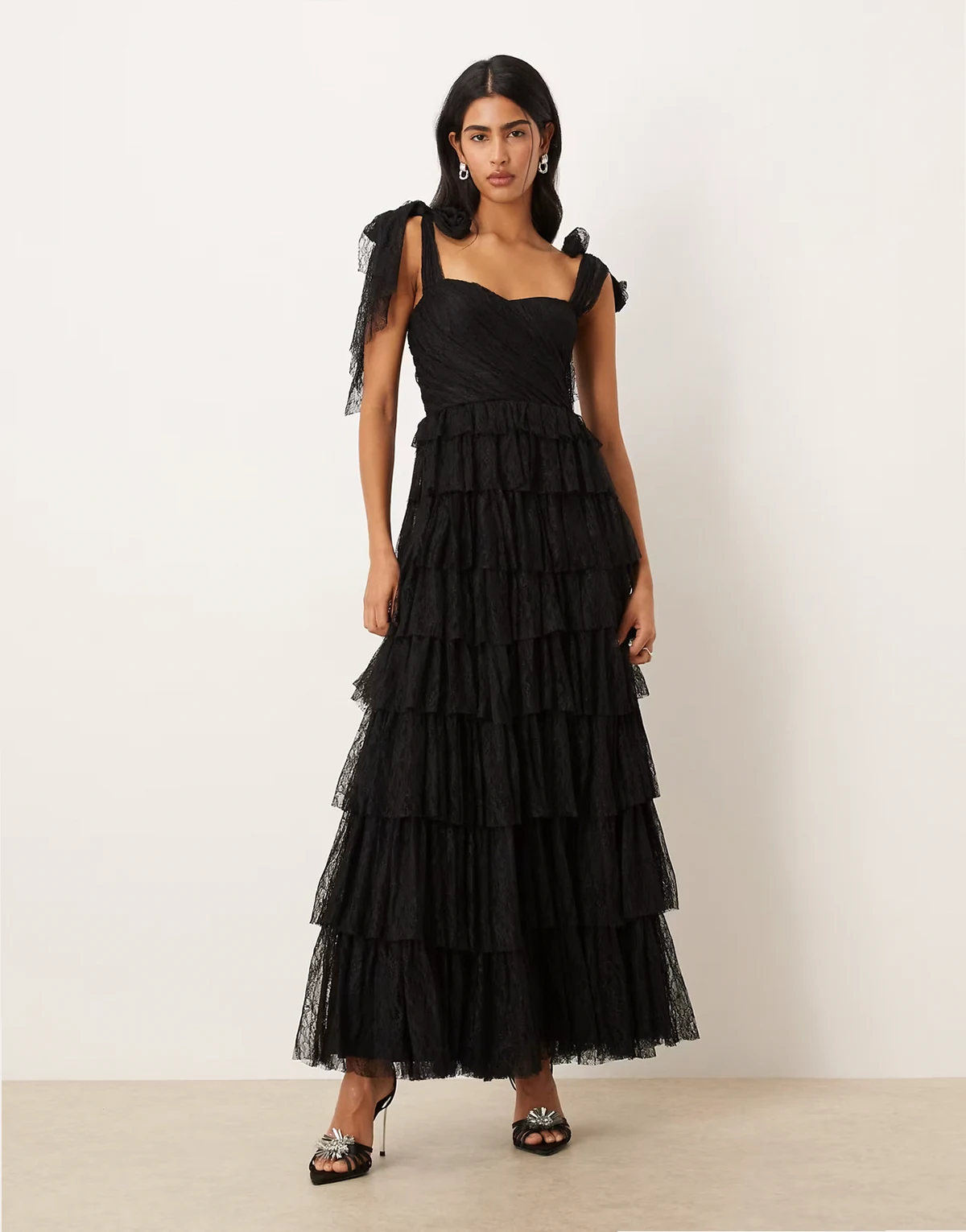 lace bow shoulder tiered maxi dress in black