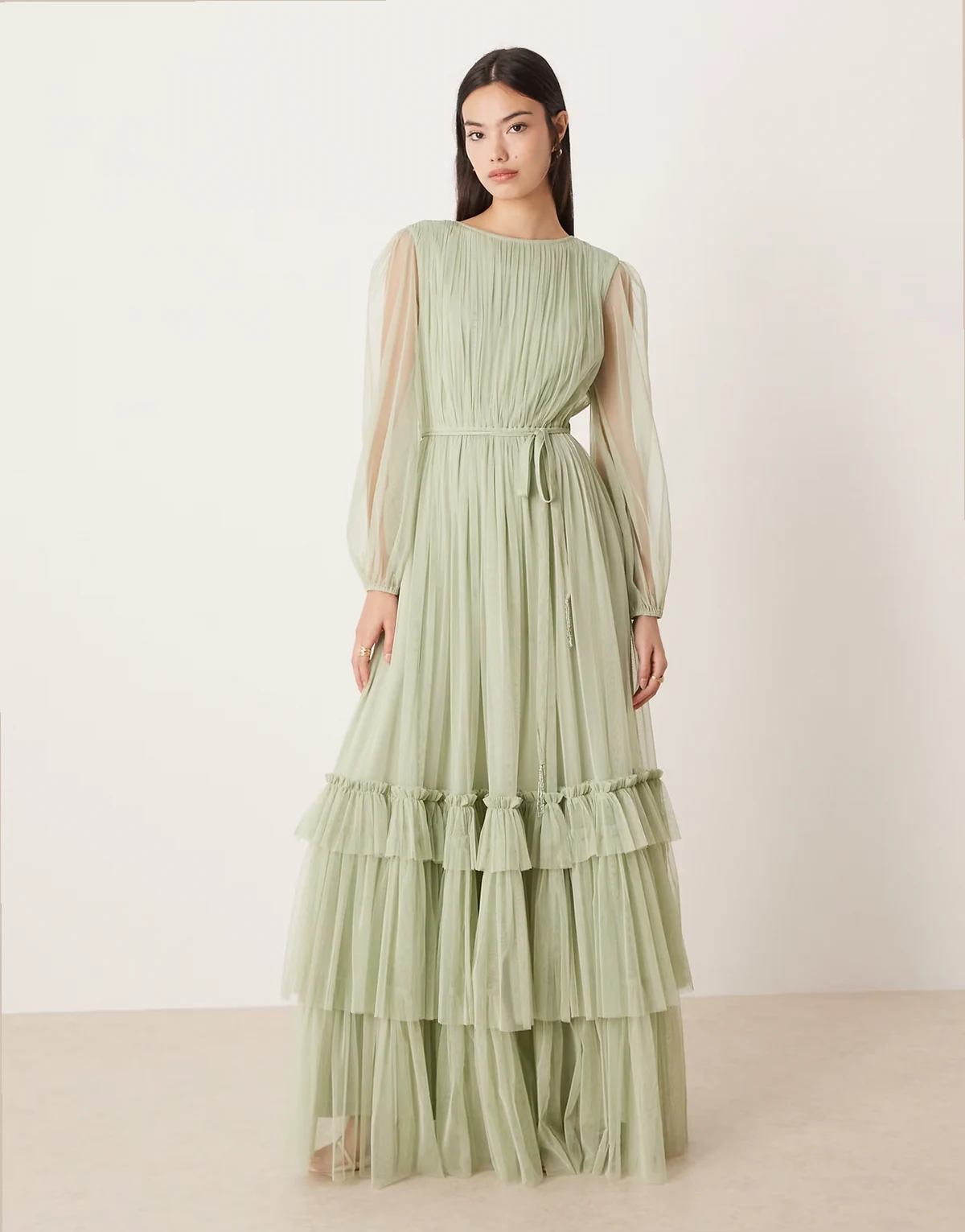 Bridesmaid crew neck sheer sleeve tiered maxi dress in sage green