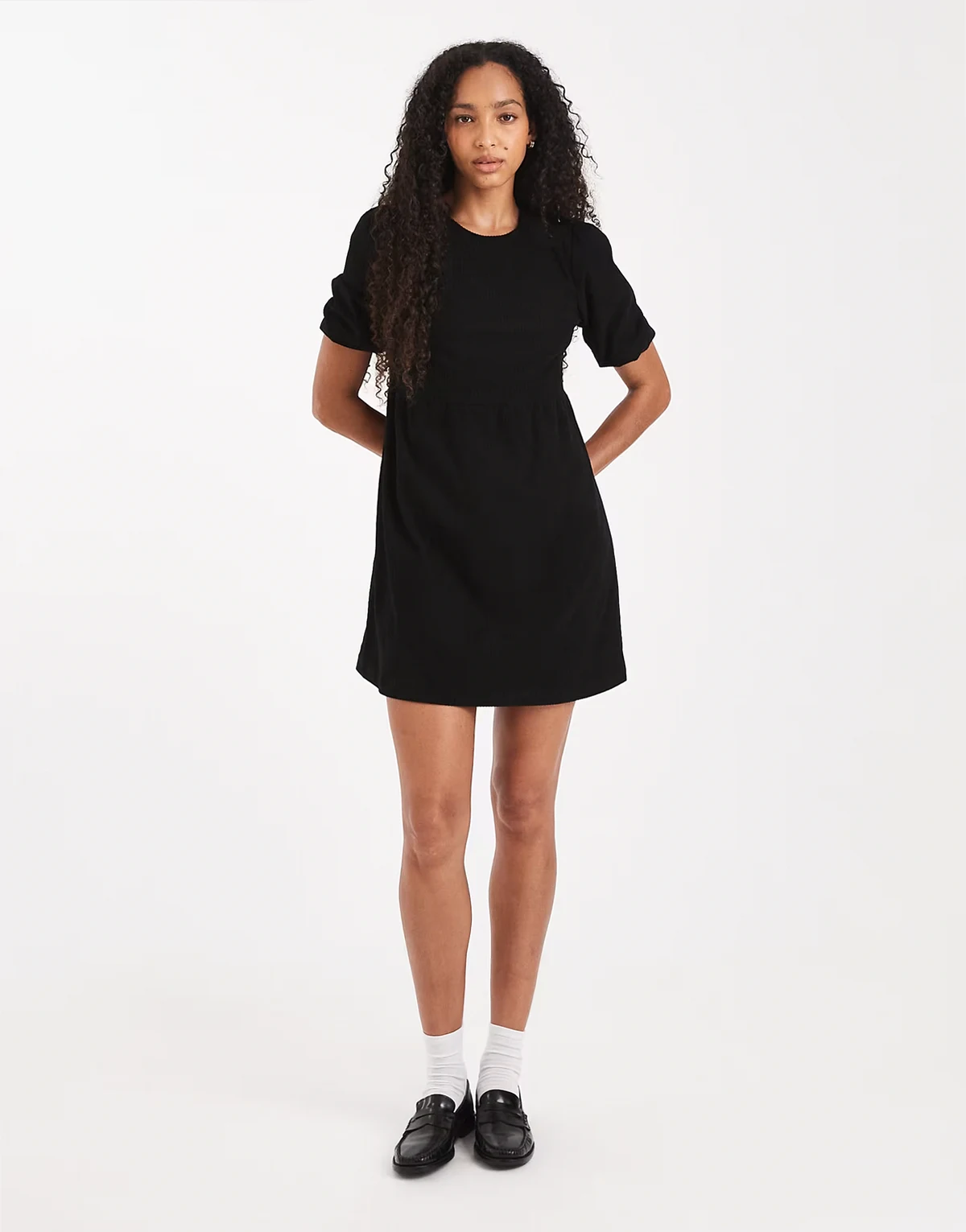 cord short sleeve mini dress in black