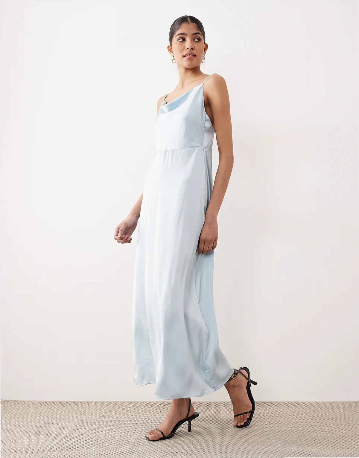 satin cowl neck maxi dress in light blue