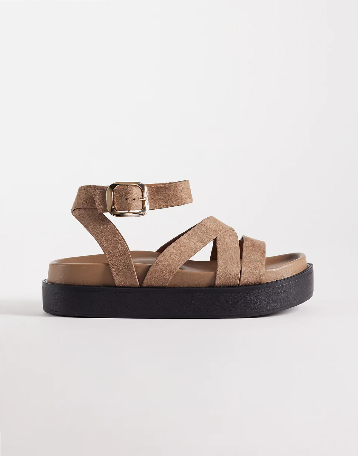 – Riemchensandalen aus Wildlederimitat in Taupe mit flacher Plateausohle