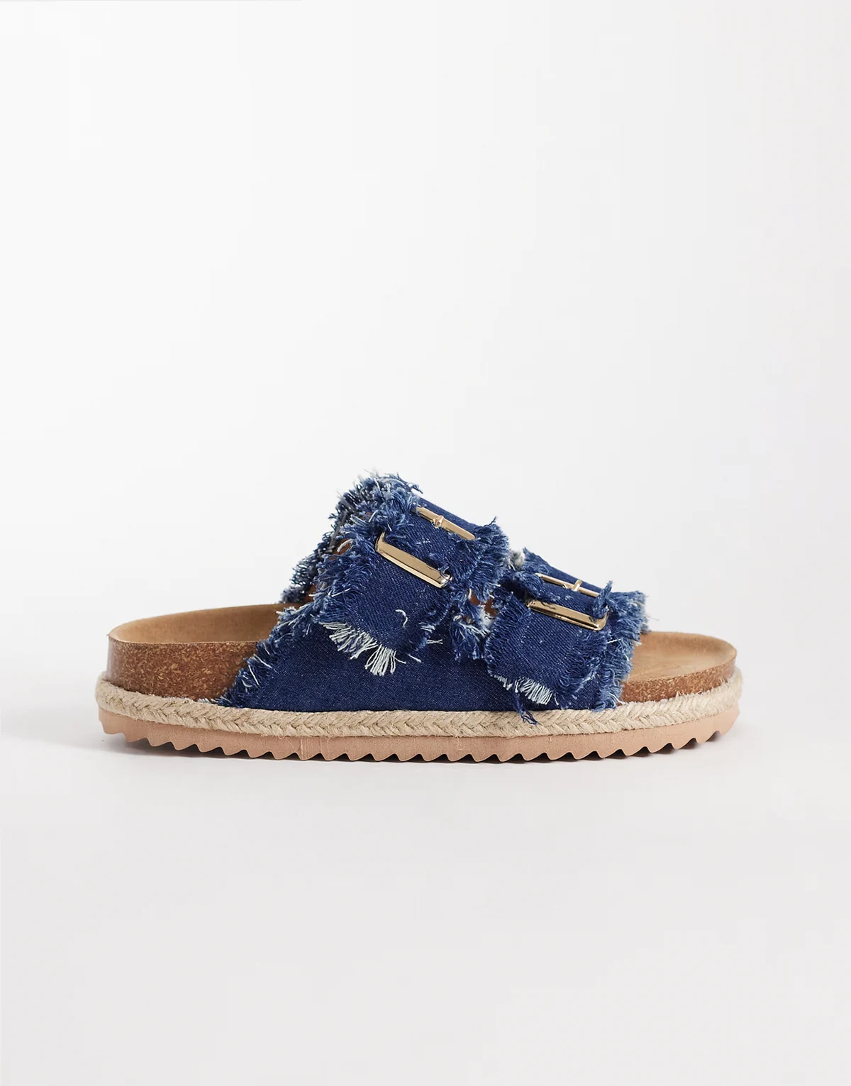 – Espadrilles-Sandalen aus ausgefranstem Denim in Dunkelblau mit zwei Schnallen