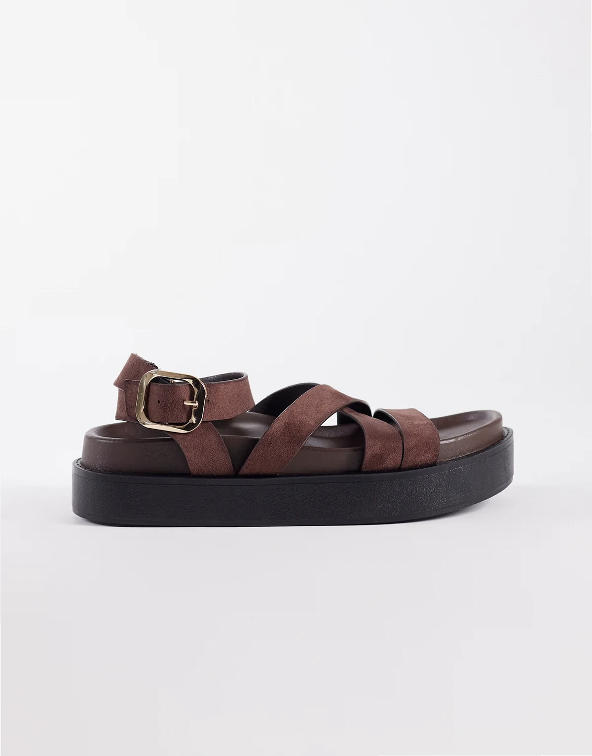 – Riemchensandalen aus Wildlederimitat in Taupe mit flacher Plateausohle