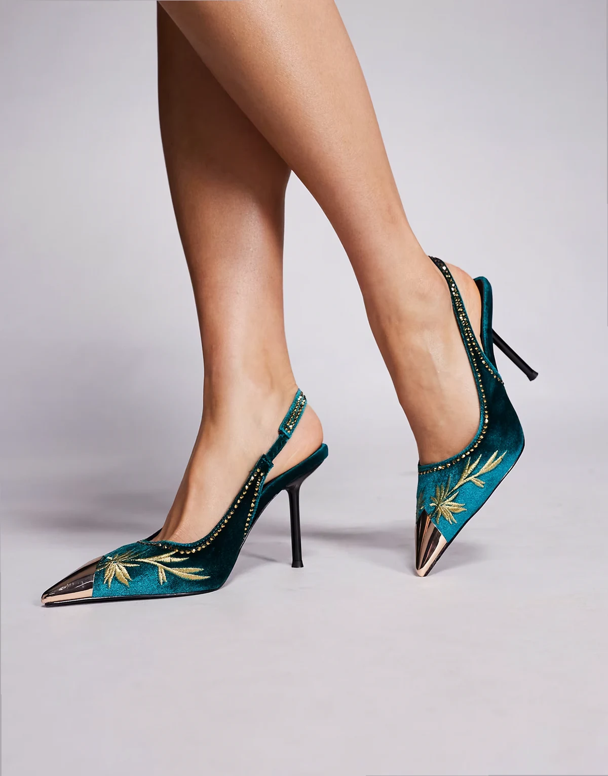 sling back high heels in floral green
