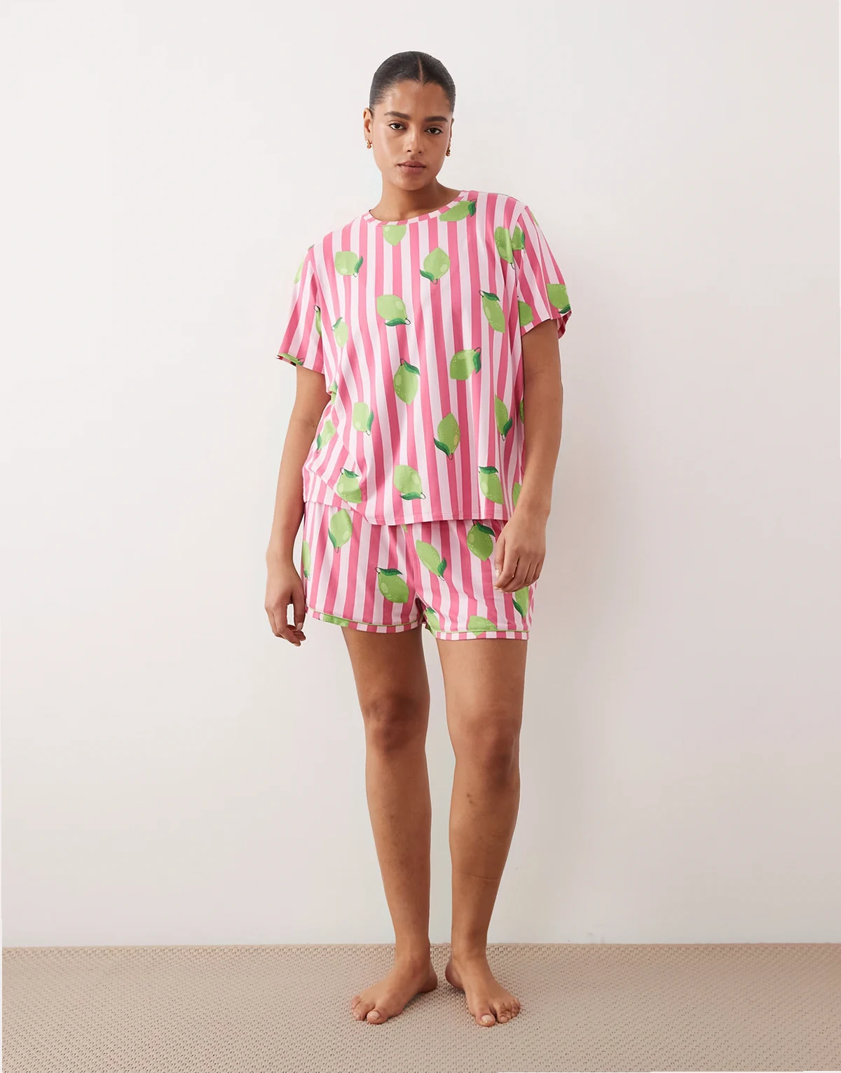 Curve jersey t-shirt and shorts pajama set in pink striped lime print