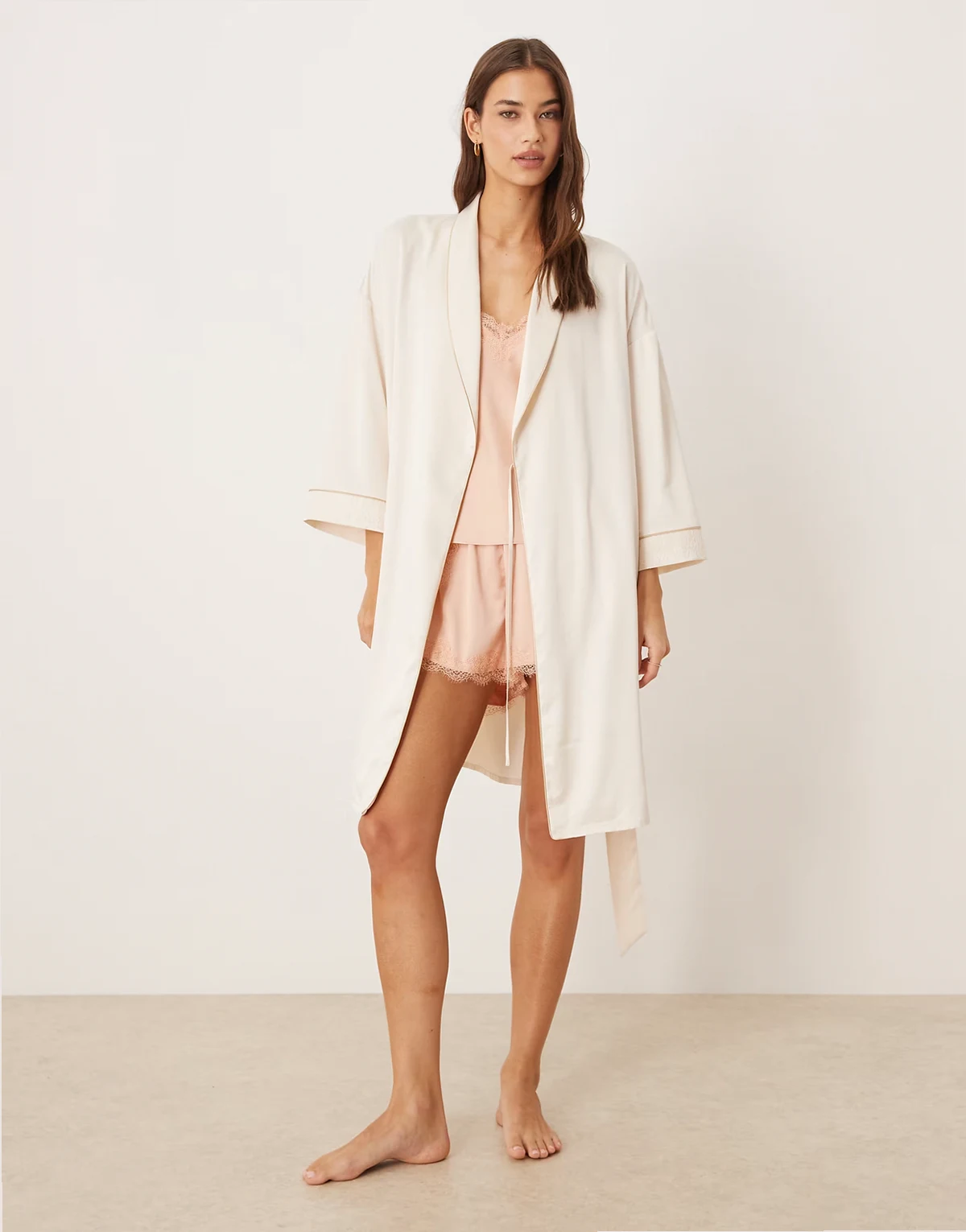 Bridal satin robe with lace trim in white