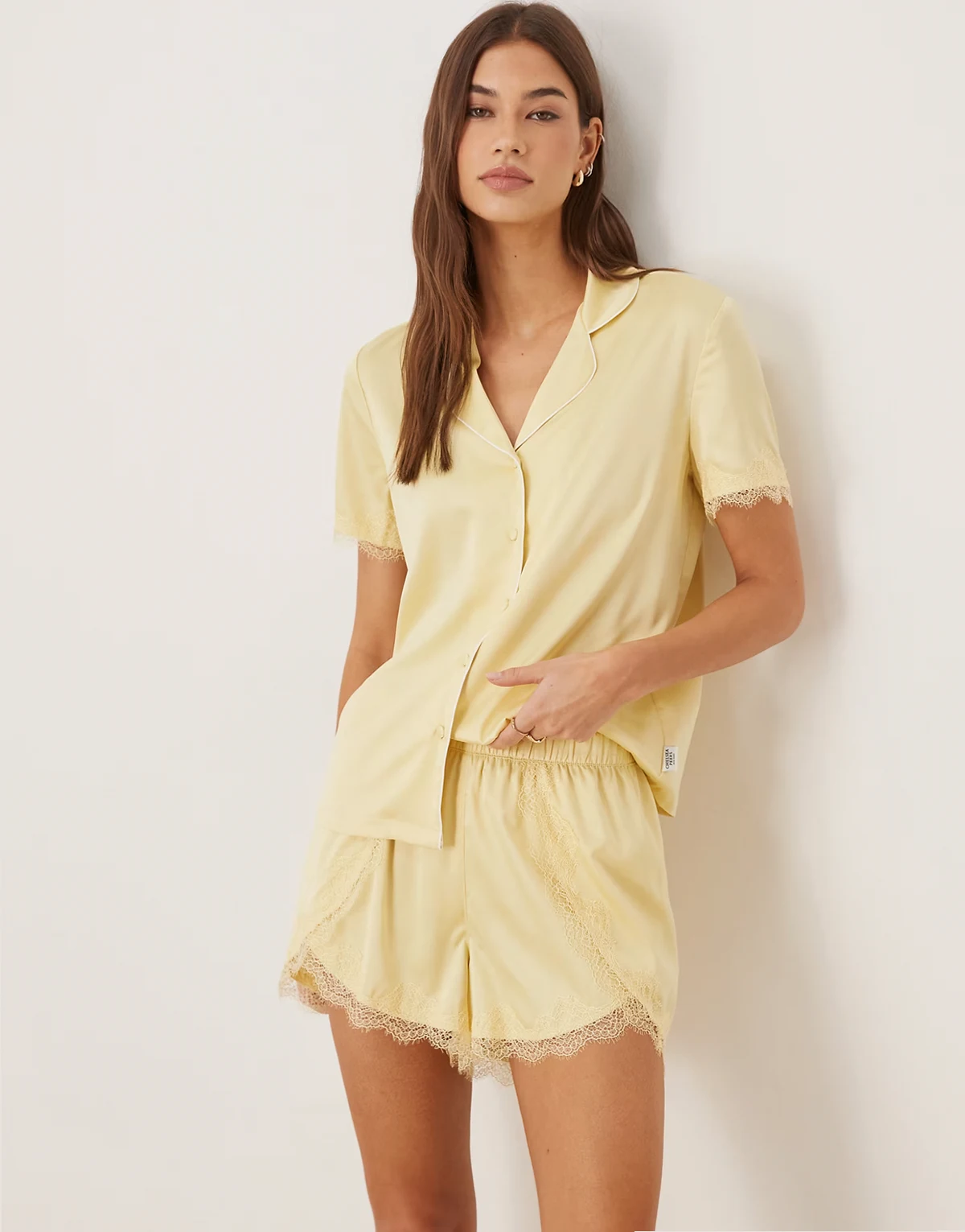 Bridesmaids satin button up shirt and tulip hem shorts sleepwear set with lace cuffs in yellow