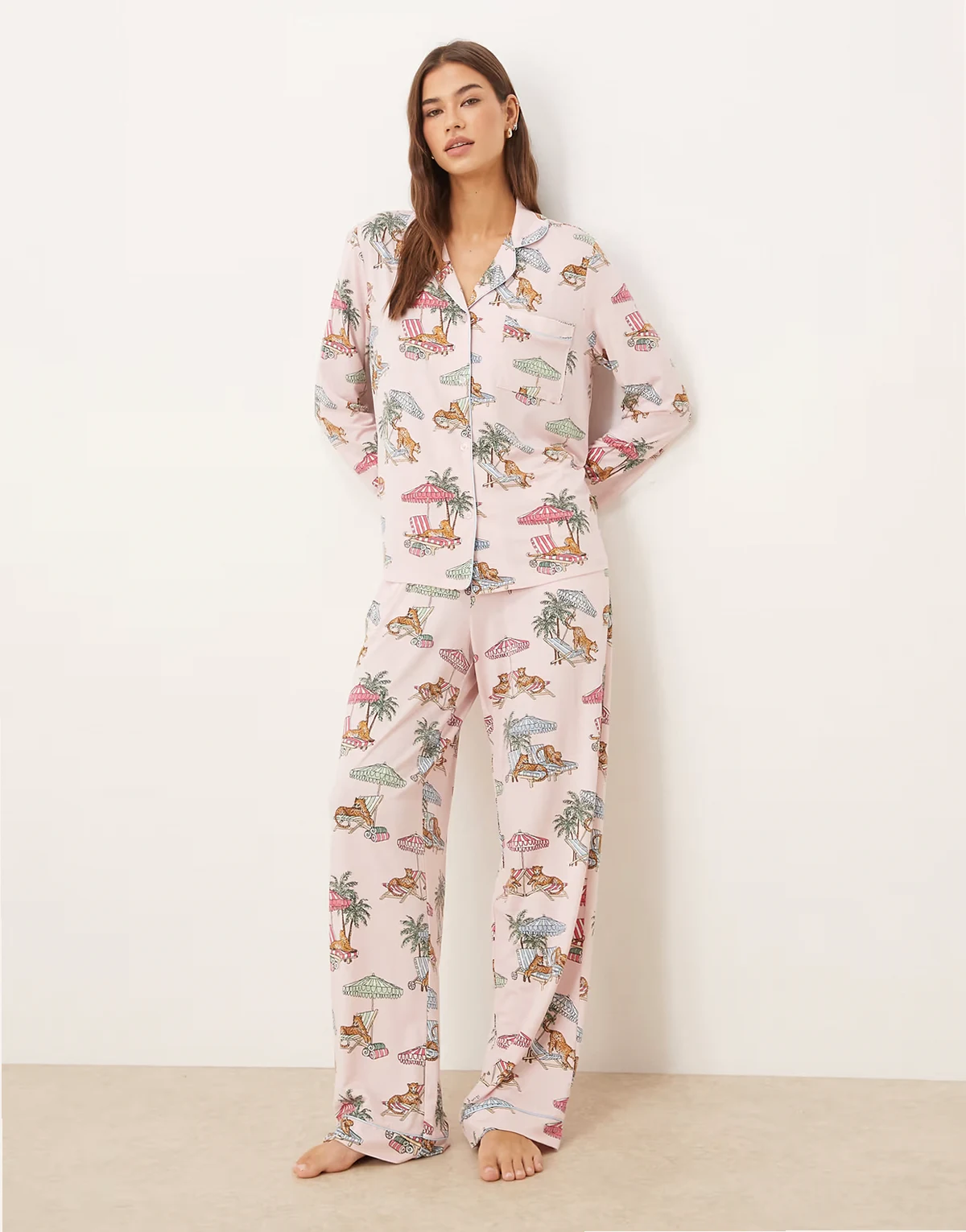 leopard summer print jersey camp collar pajama set in pink