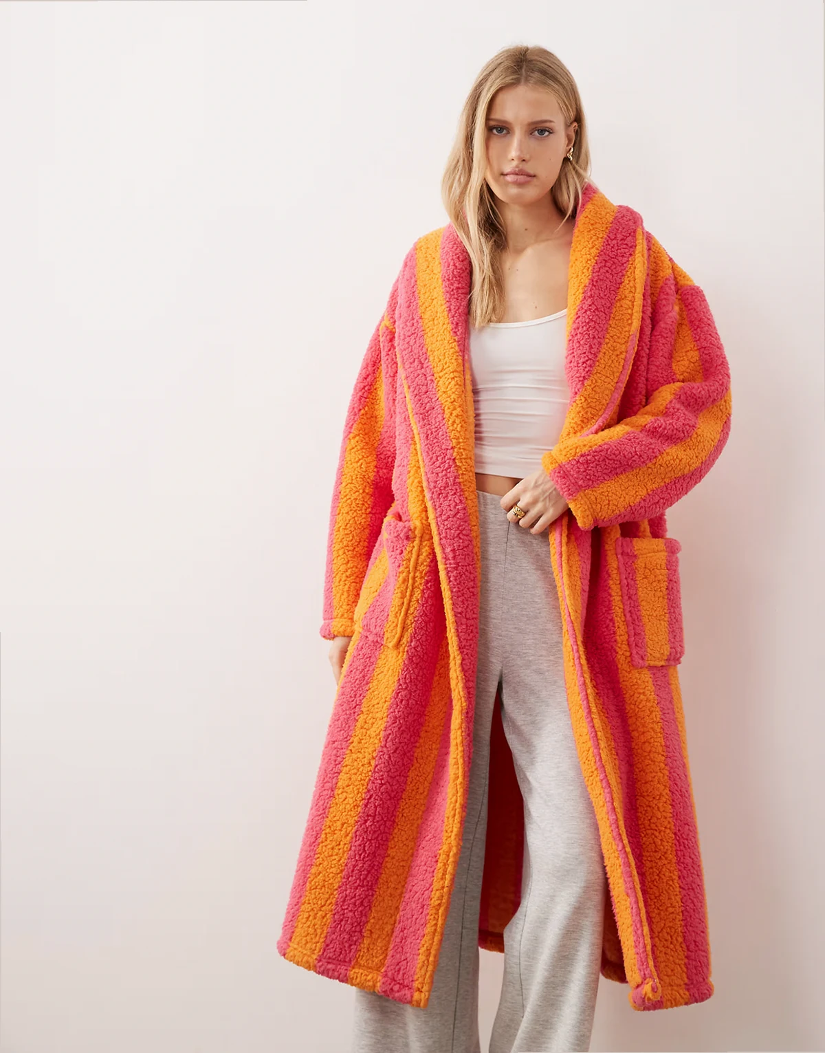 long striped robe in orange and fuchsia