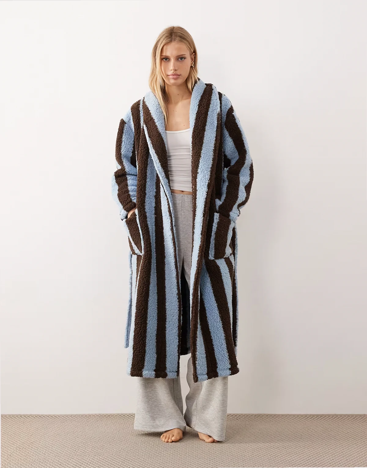 long striped robe in chocolate brown and blue