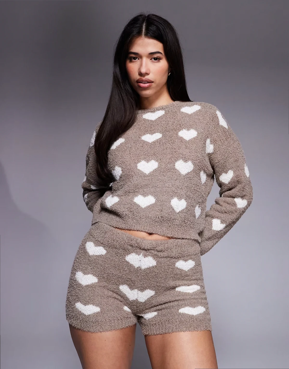 fluffy heart pattern cozy shorts set in brown