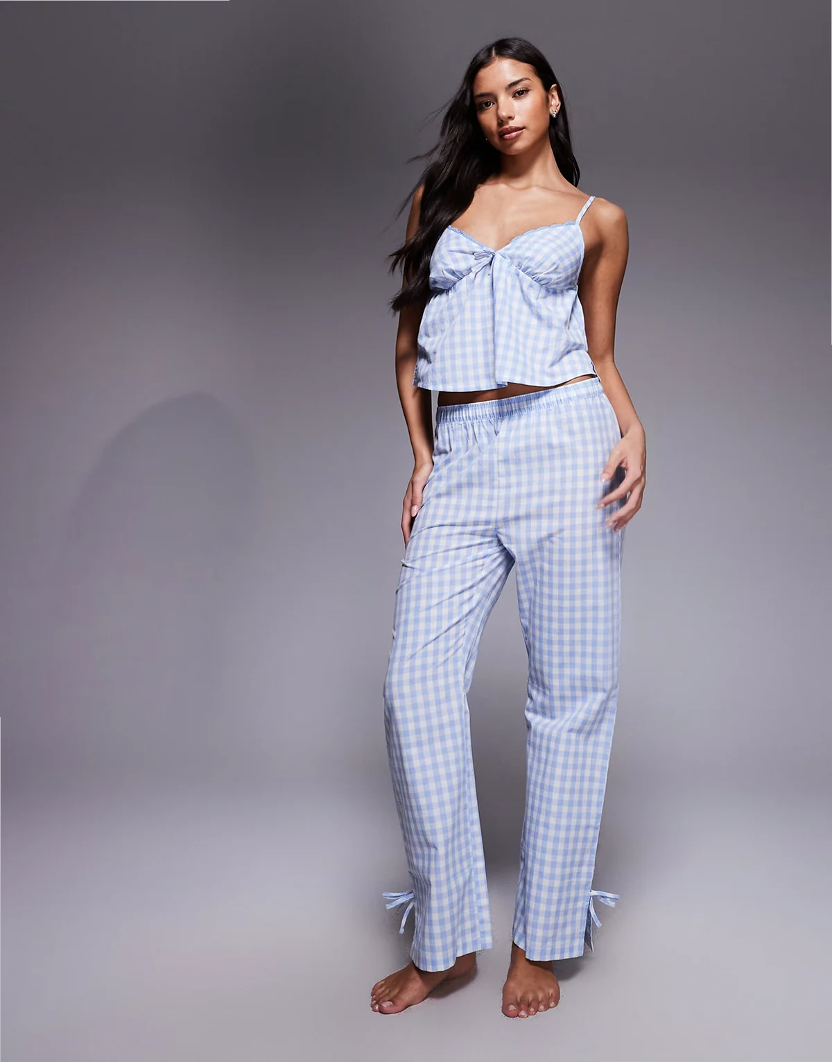 cheesecloth gingham cami and pants pajama set in blue