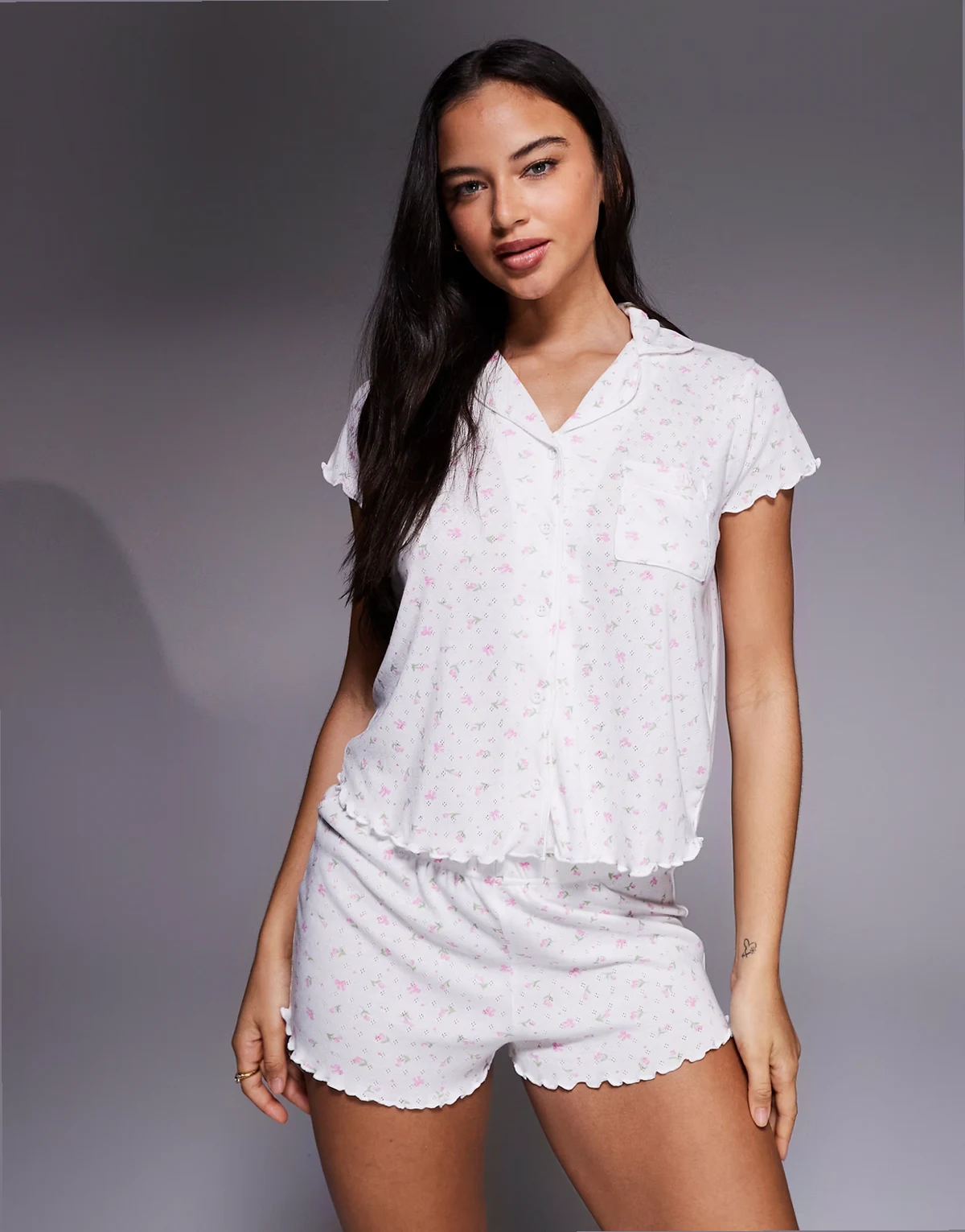 rosebud pointelle jersey camp collar shirt and shorts pajama set in ivory