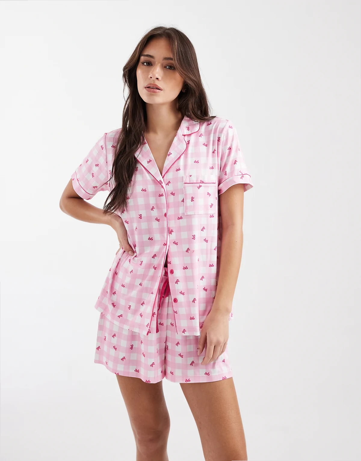 pink gingham supersoft jersey short sleeve shirt & shorts pajama set in bow print