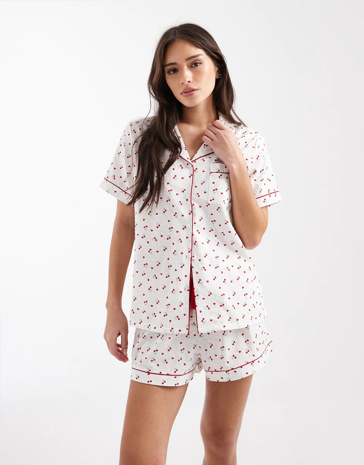 short sleeve textured shirt and shorts pajama set in cherry print